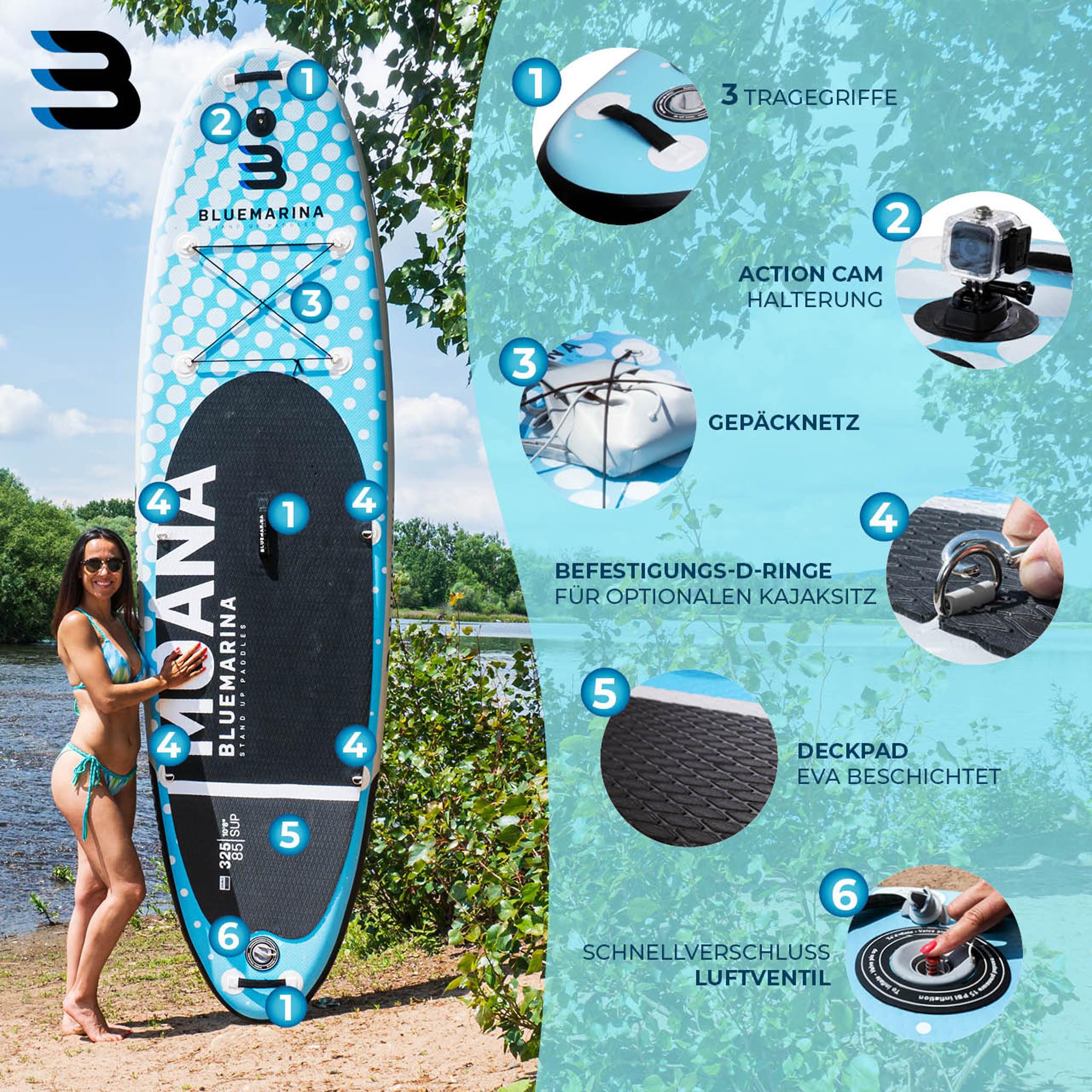 Bluemarina Stand Up Paddling Board Moana | 𝟓 𝐉𝐀𝐇𝐑𝐄 𝐆𝐀𝐑𝐀𝐍𝐓𝐈𝐄 - SUP Board - Stand Up Paddle - Standup Paddle Board - Surfbrett aufblasbar - 305x75x15 cm 130 kg | 325x85x15 cm 180 kg