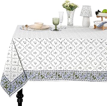 Ridhi Powder Blue Hand Block Print Cotton Rectangle Tablecloth 108" x 70" inches Reusable Table Cover Decorative Everyday Use for Dining Room, Farmhouse, Home Gift for Spring, Mothers Day