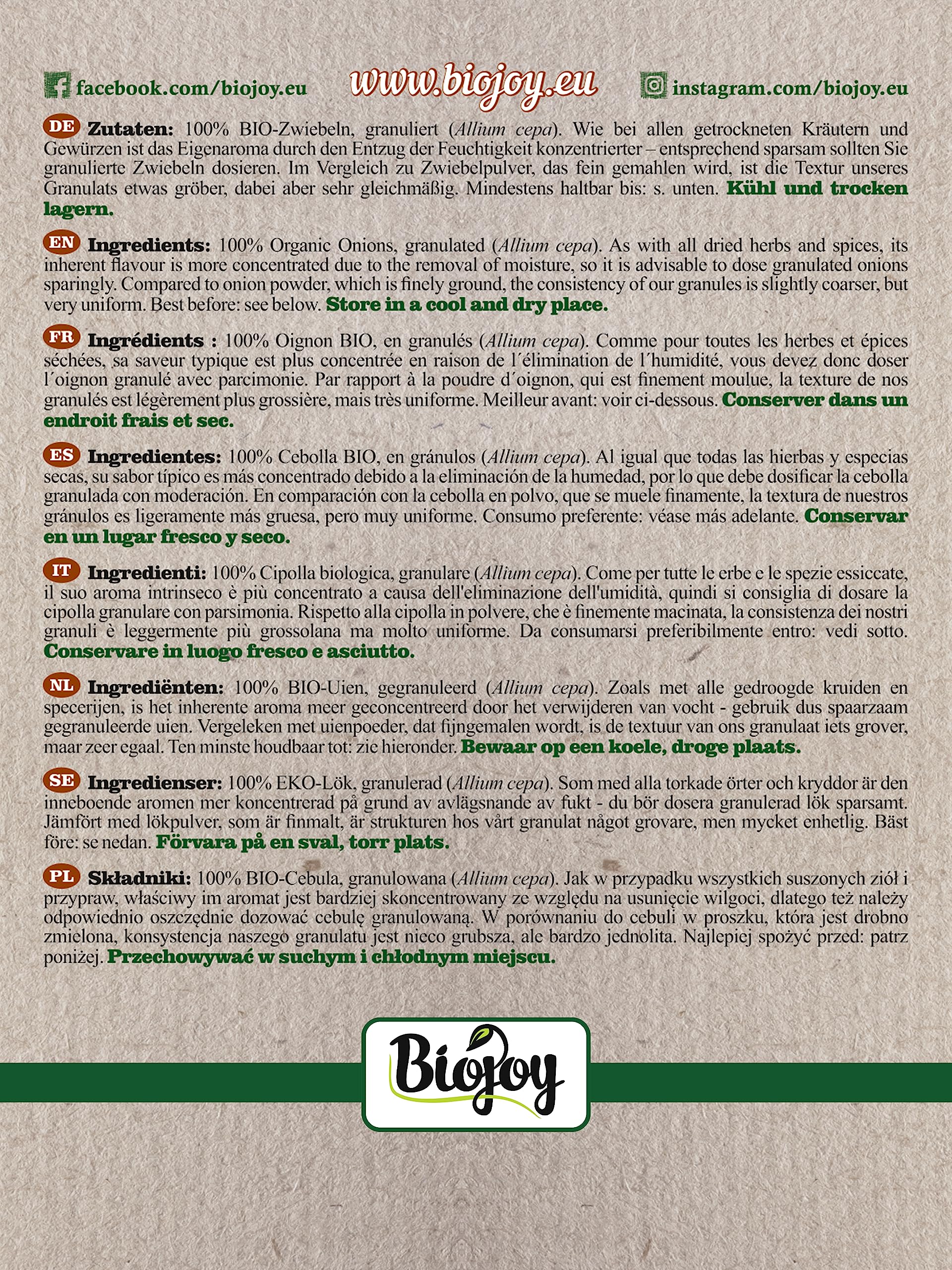 Biojoy Cebolla granulada BIO 1 kg, Cebolla seca sin aditivos