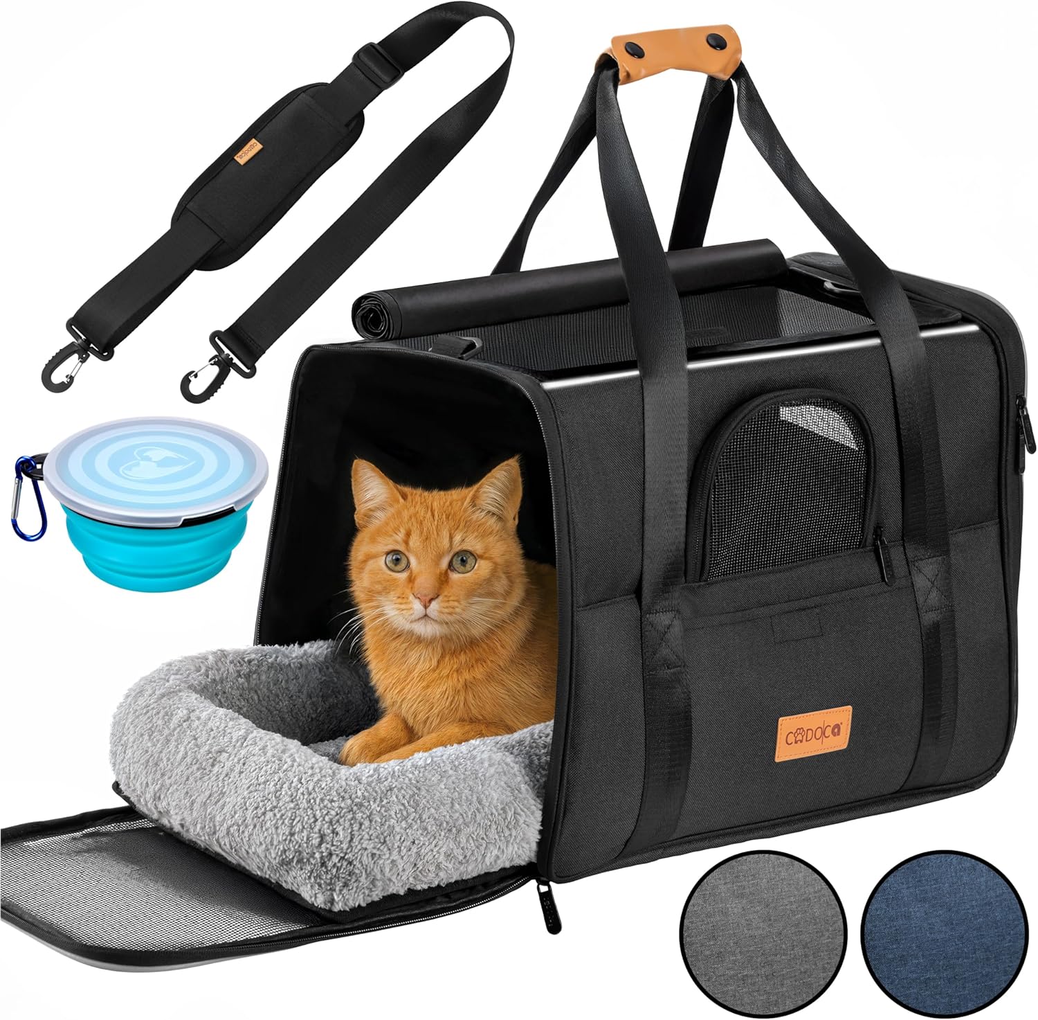 CADOCA Transportbox für Katzen bis 20 kg, faltbar, Sonnen- und Regendach, Schultergurt mit Napf, atmungsaktiv, bequemes Wendekissen, Haustier-Katzenbox, Tragetasche, Hunde, Auto, Anthrazit CADOCA Transportbox für Katzen bis 20 kg, faltbar, Sonnen- und Regendach, Schultergurt mit Napf, atmungsaktiv, bequemes Wendekissen, Haustier-Katzenbox, Tragetasche, Hunde, Auto, Anthrazit
