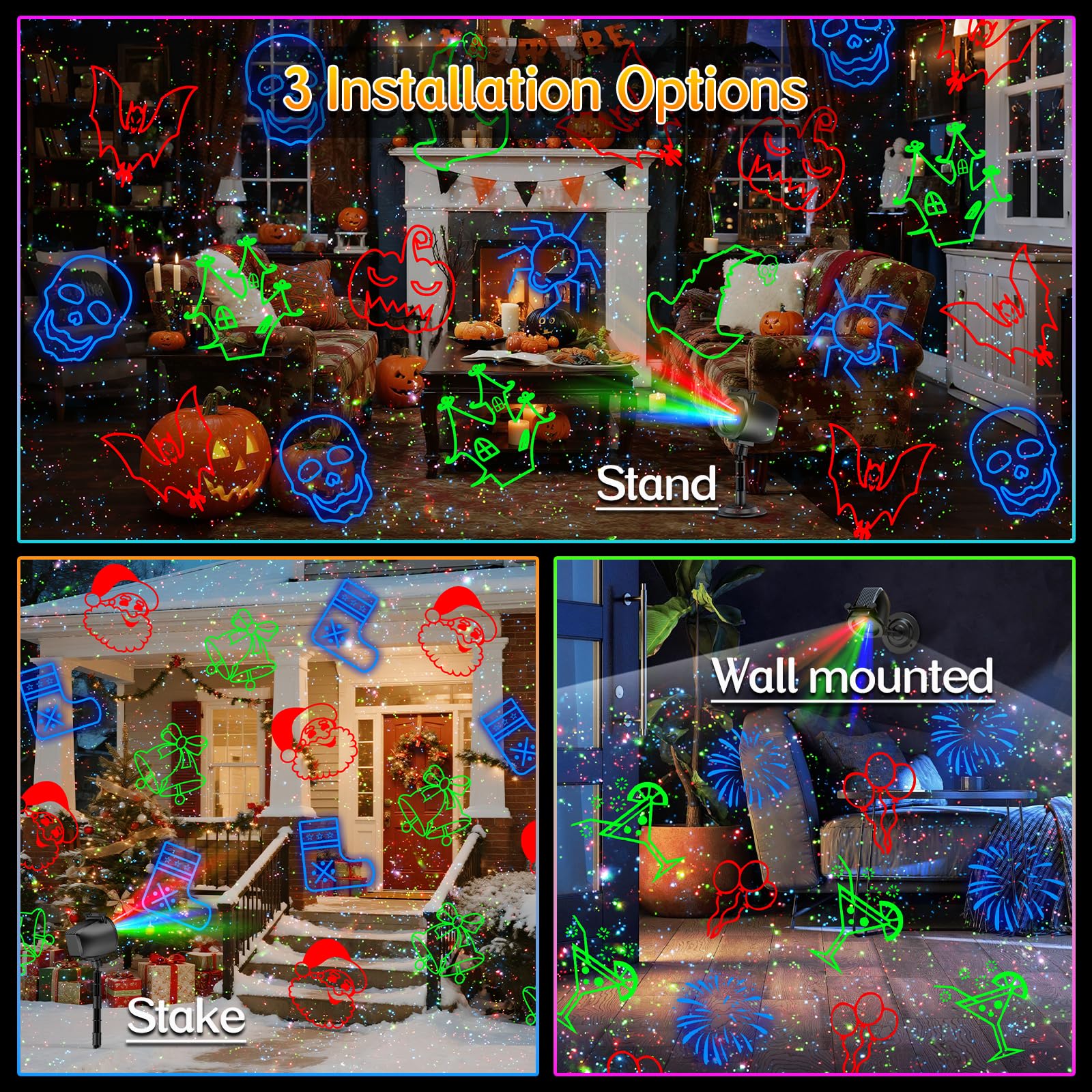 Weihnachtsbeleuchtung Projektor Aussen, 2 in 1 Urlaub Licht Projektor mit 4 Folien & 8 helleren HD Mustern, Bewegliche RGB Glühwürmchen Effekte Licht für Weihnachtsdekorationen, Halloween, Hof