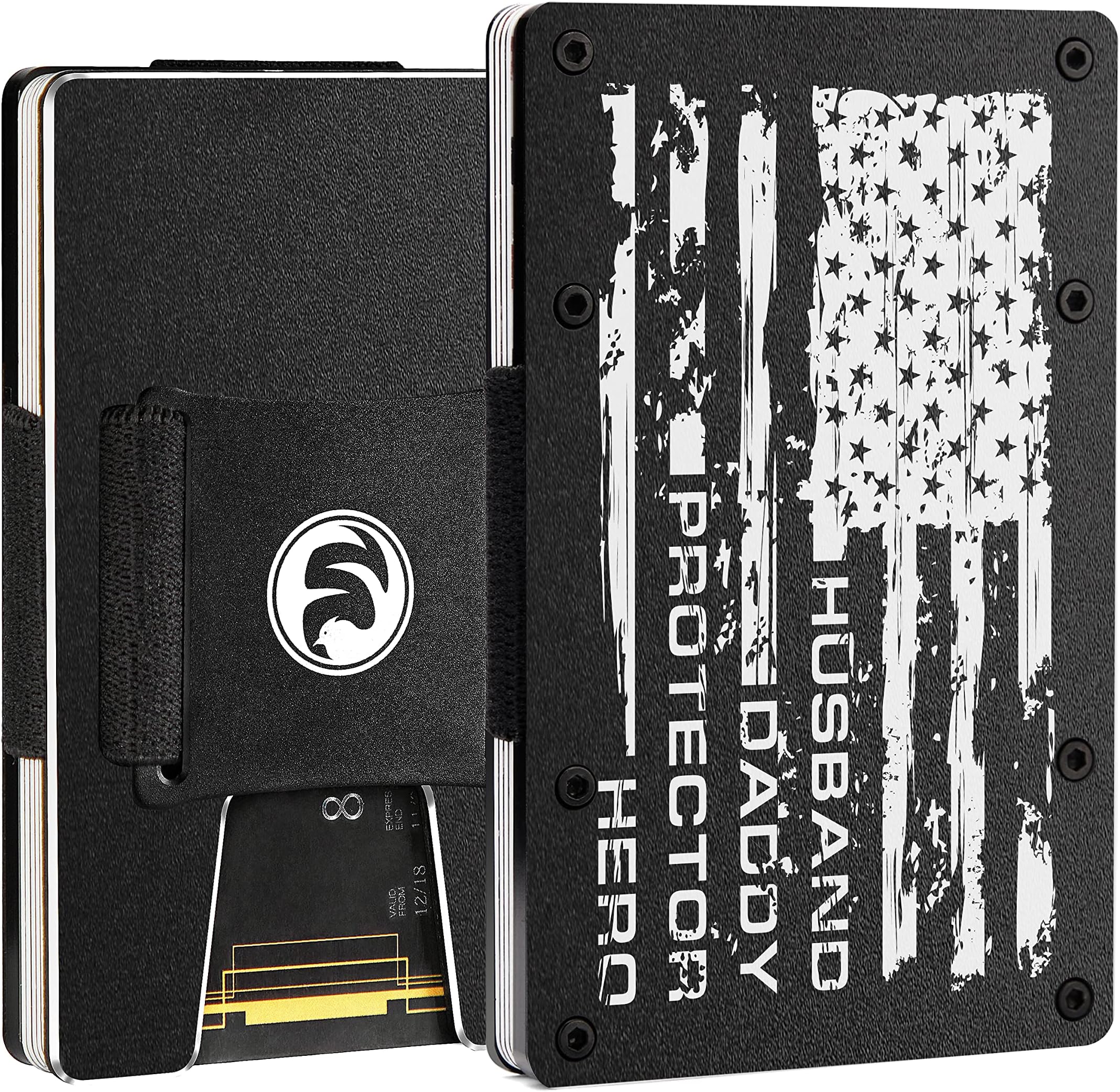 FeiYenMen Minimalist Metal Wallet with Cash Strap | Front Pocket RFID Blocking Card Holder | Slim Aluminum EDC Tactical Money Case for Business Travel | Engraved American Flag Husband Daddy Protector Hero
