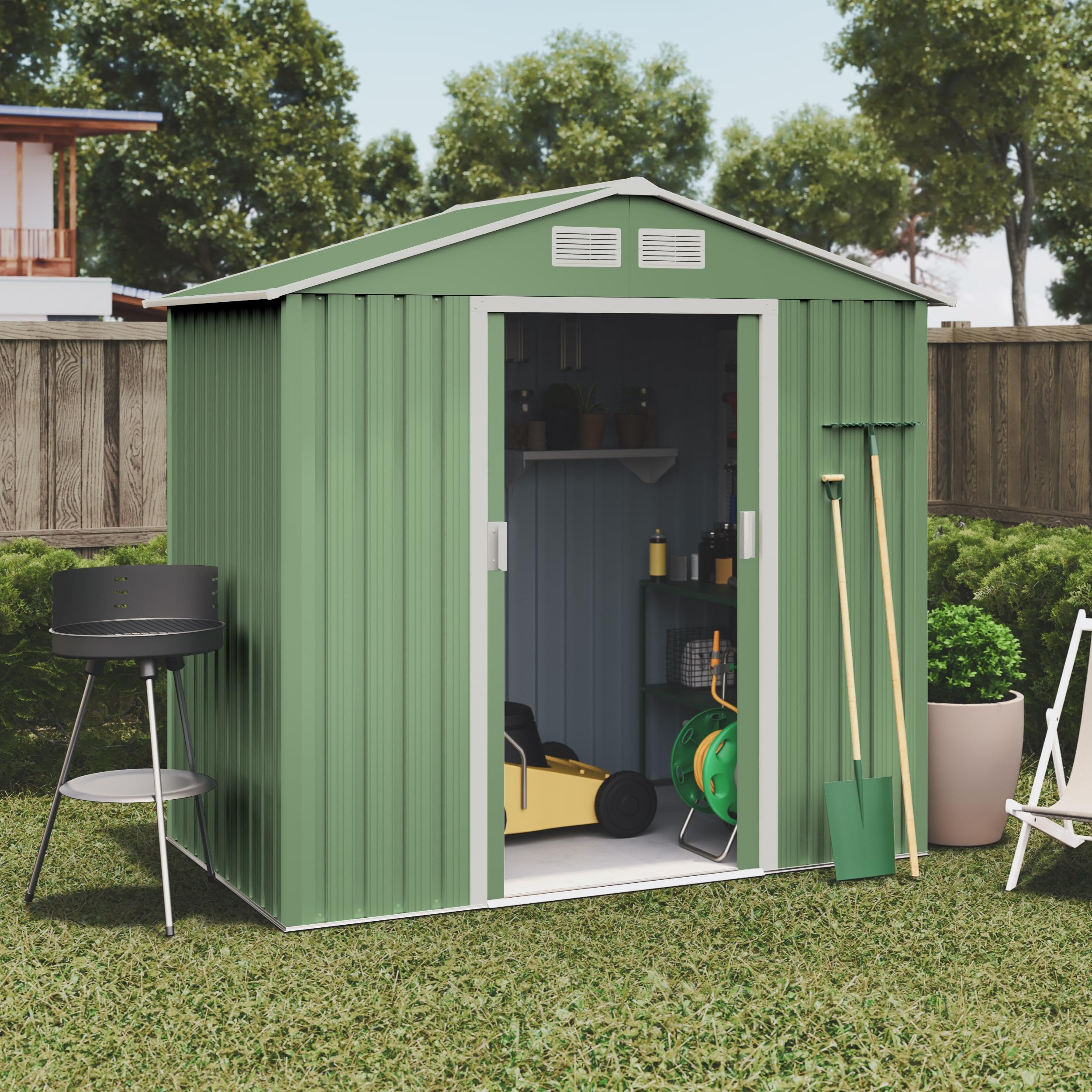 Wasabi - Casetta giardino esterno 2,57 m2 Light Green - 4 griglie anticondensa - verde e beige - doppia porta scorrevole - tetto a due falde - capannone in metallo per stoccaggio esterno