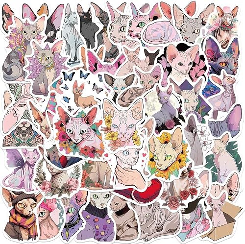 Yoksas Lindas calcomanías de gato Sphynx, 50 calcomanías de vinilo impermeables sin pelo para portátiles, botellas de agua, recuerdos de fiesta de