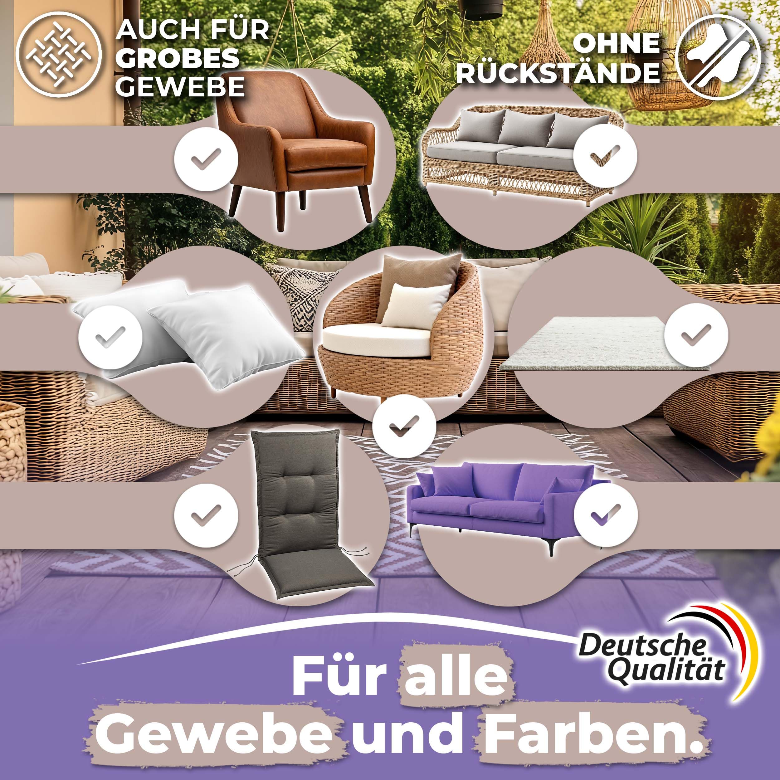 Textil Imprägnierspray Sofa & Polster-Möbel, Qindoo Fleckenschutz für Stoffe, Sitzkissen, Cord, Mikrofaser, Autositze, Geruchsneutral, wasser- & schmutzabweisend, PFC frei, Made in Germany 1,5 L