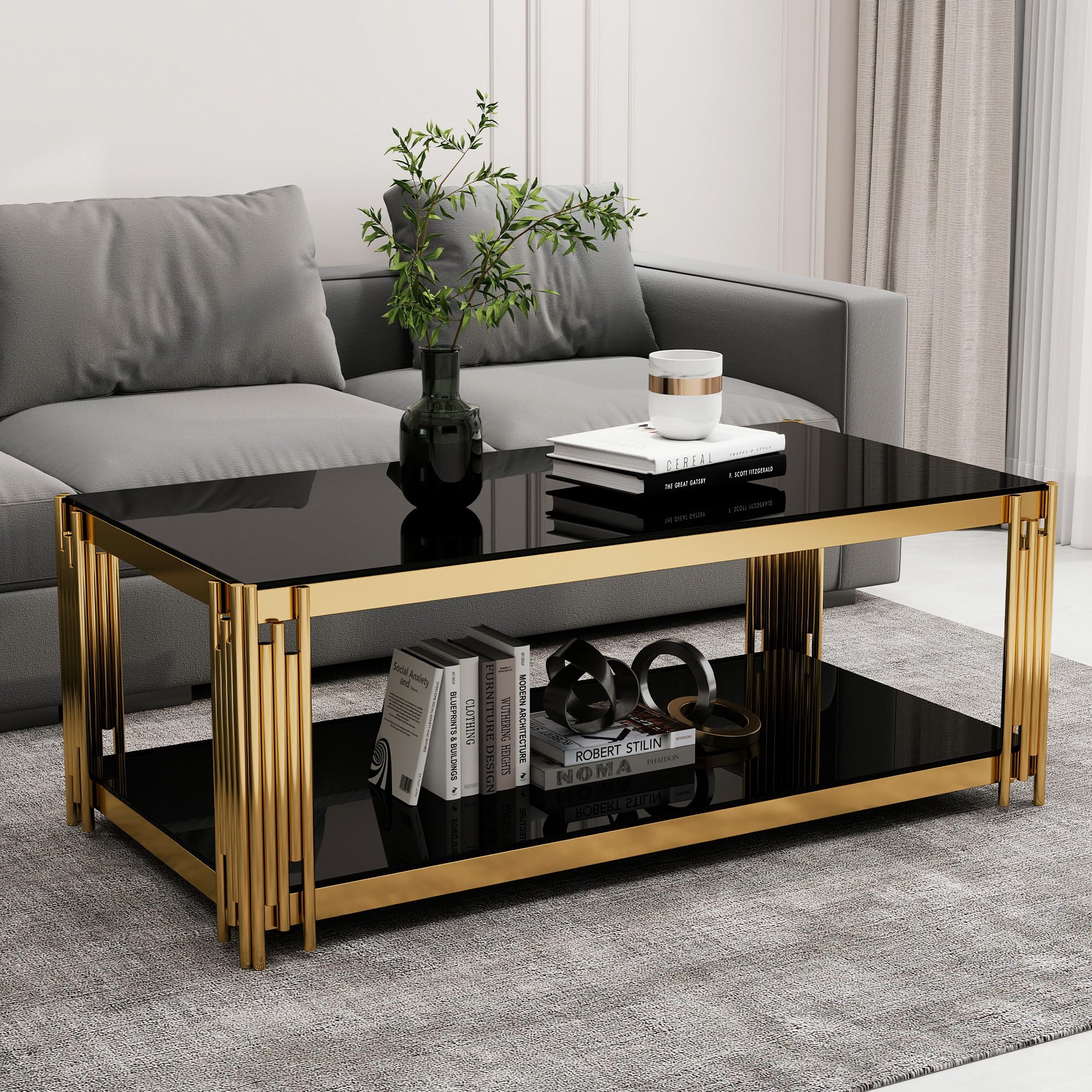 Rectangular Black Glass Coffee Table, 47" Center Table Living Room Table, Gold Stainless Steel Irregular Leg, Double-Layer Structure, Black Glass Desktop, Luxury Black Gold Rectangle 47.24