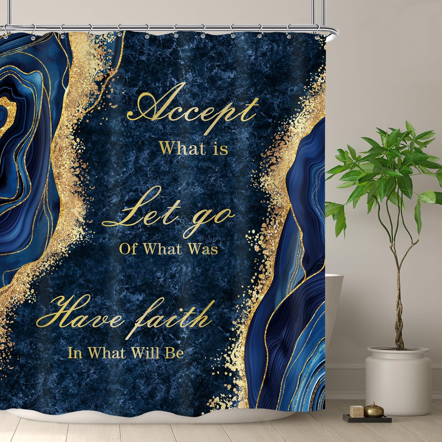 Omifly Black Gold Marble Shower Curtain Sets 4Pcs Men Inspirational Quotes Abstract Modern Luxury Waterproof Bathroom Decor Set with 12 Hooks, Rugs and Accessories with Bath Mat and Toilet Lid Cover