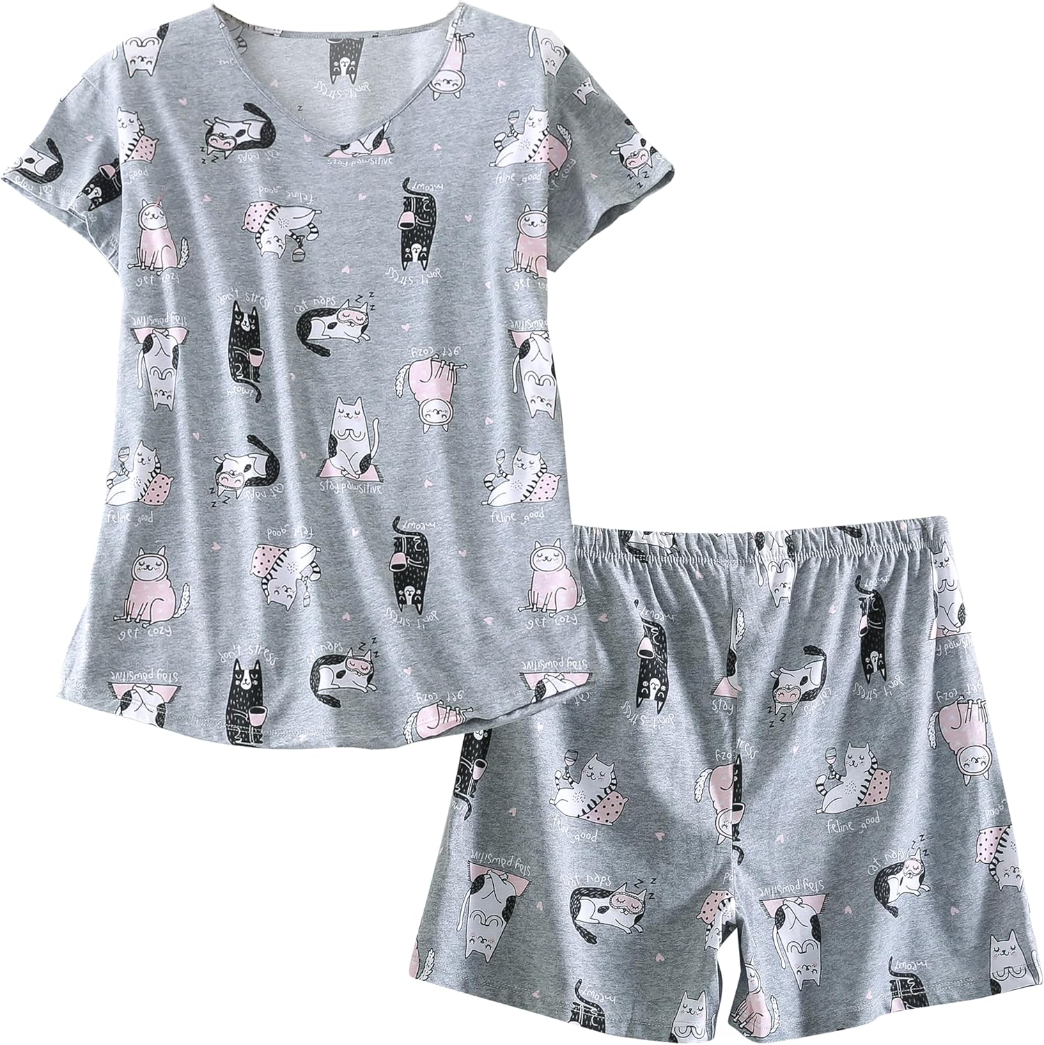 PNAEONG Women's Pajamas Set, Cotton Short Sleeve Sleepwear Pjs Sets S-3XL