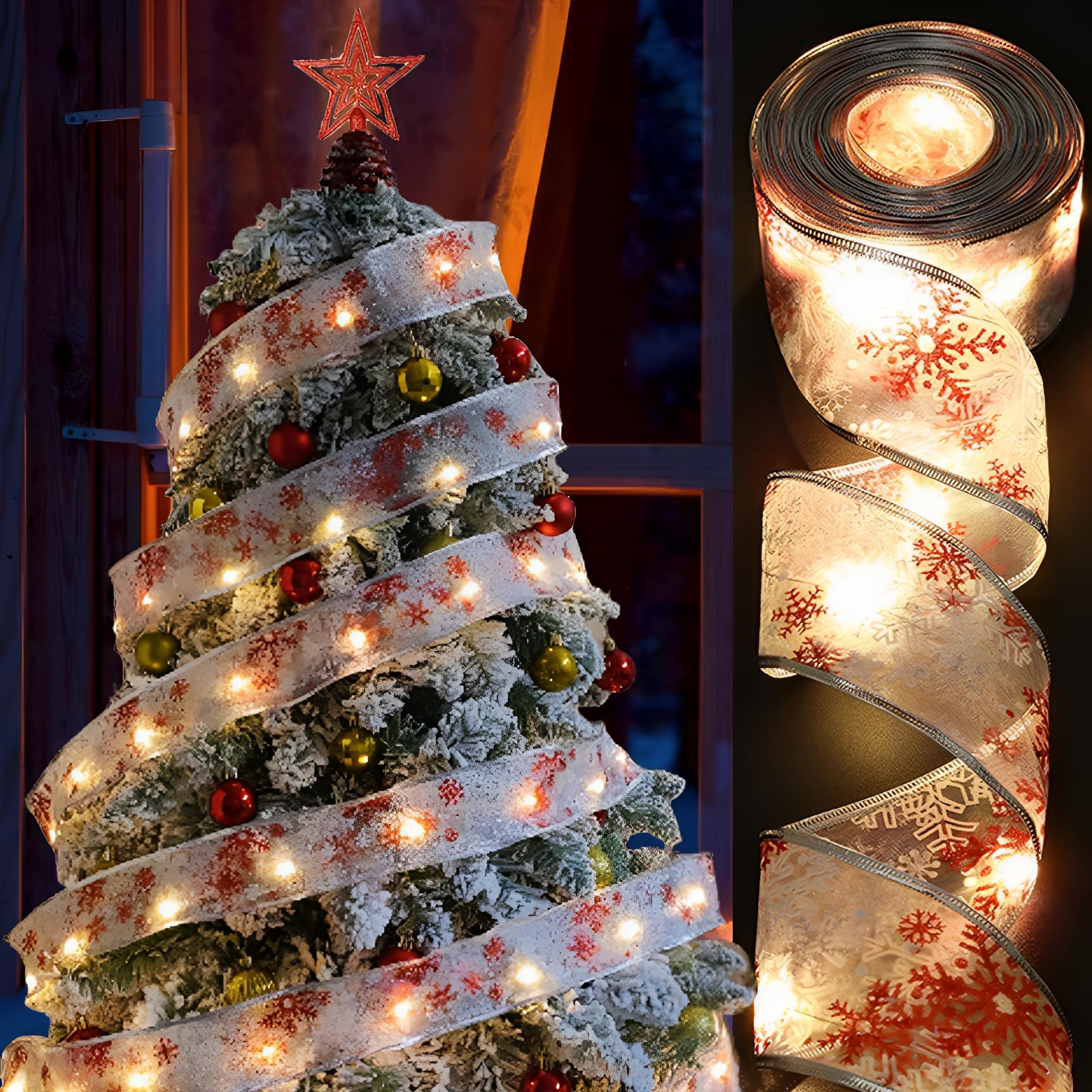 Christmas Tree Decorations 32ft Red White Snowflake Ribbon Lights 100 LED Fairy USB Christmas Lights for Holiday Christmas Party Indoor Tree Decorations (Red)