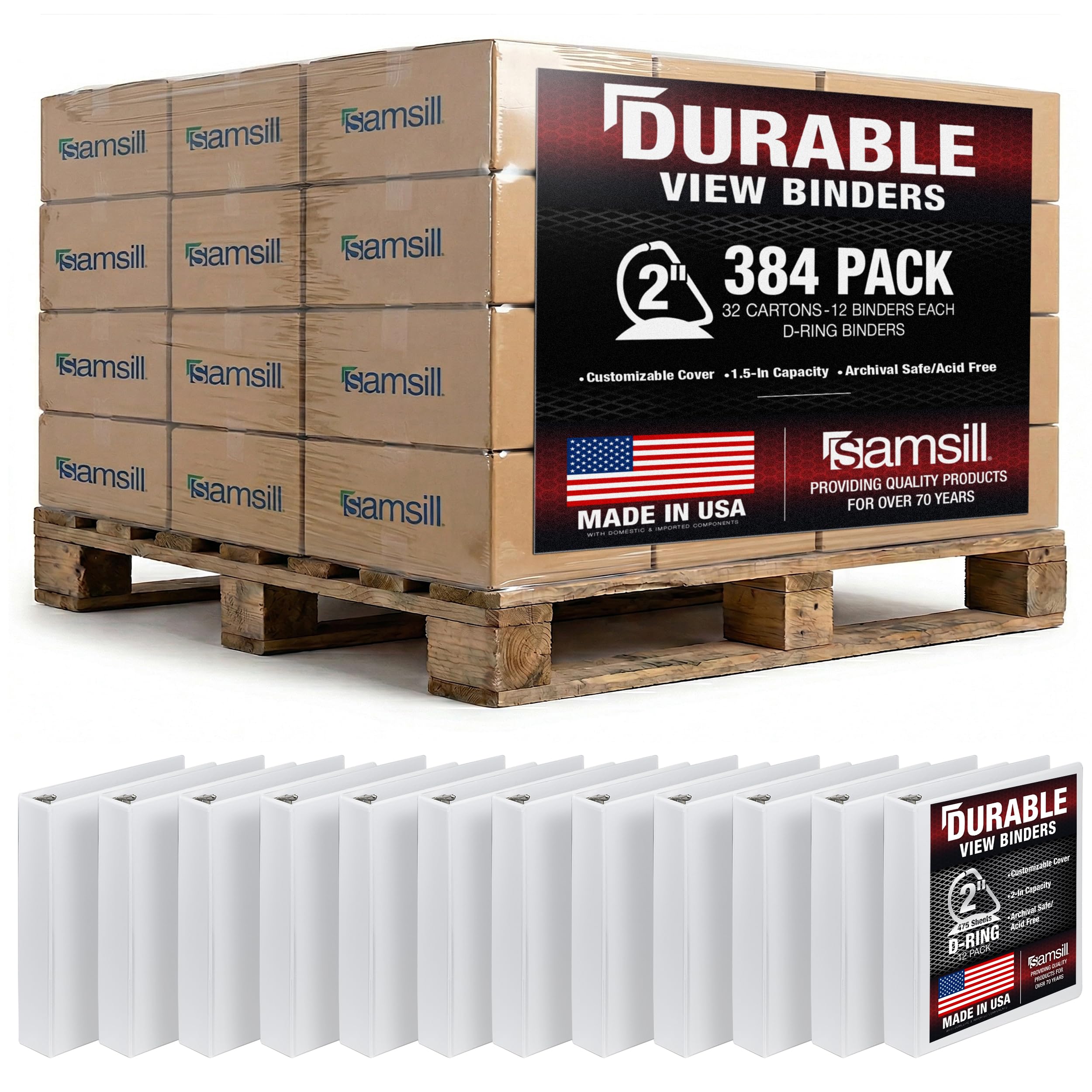 Samsill Durable 2 inch 3 Ring Binder, D Ring Binder, 100% Recycled Chipboard, White, Pallet of 384 Binders in 32 Cartons