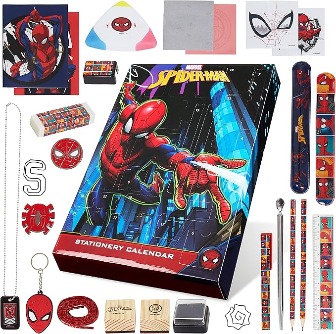Marvel Spiderman Advent Calendar 2025 Avengers Countdown Calendar for Christmas 24 Surprises Stationery and Accessories Pen Keychain (Spiderman Multicolor)