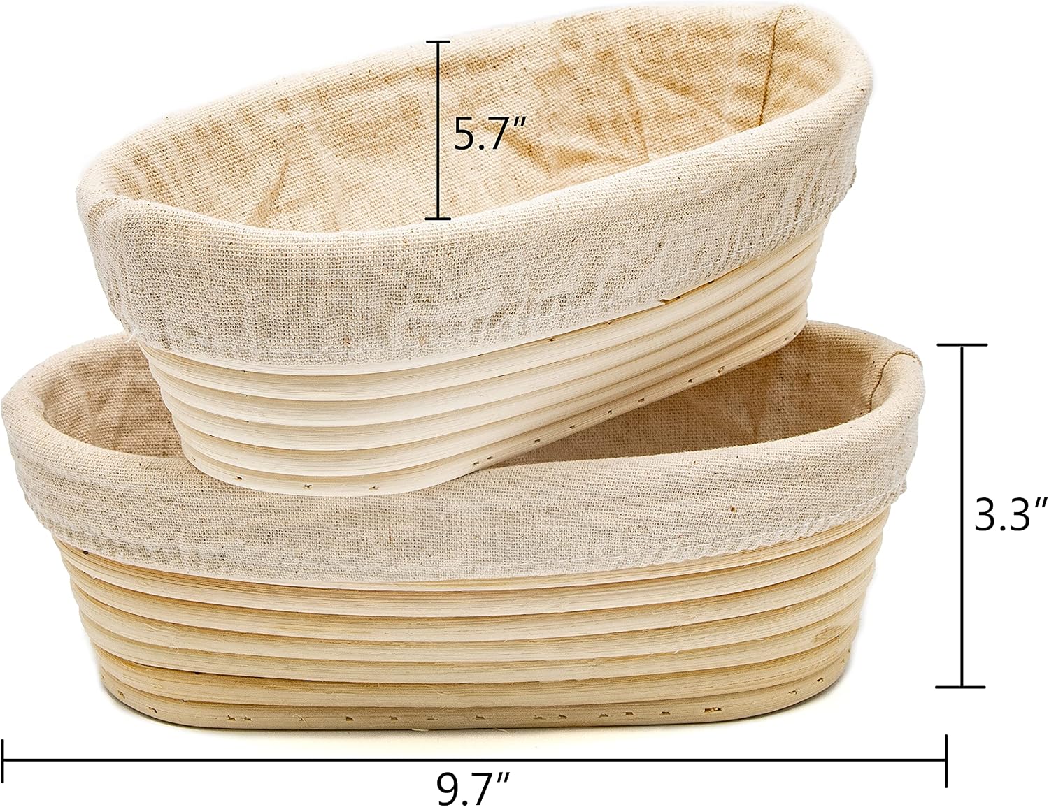 Set of 2 9.7 Inch Oval Blue Ridge Basket Company Rattan Bread Dough Sourdough Proofing Baskets with Fabric Liners