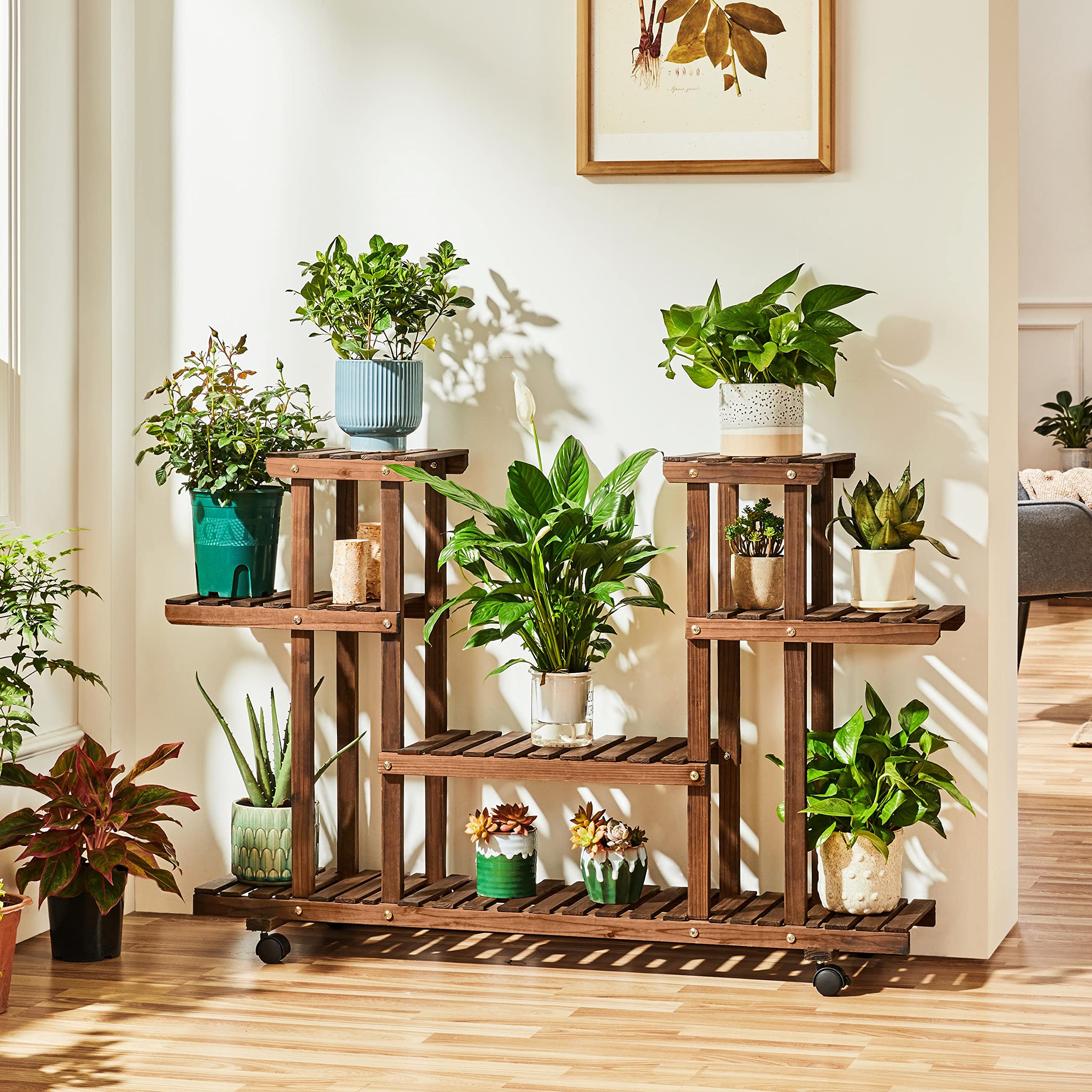 Yaheetech Scaffale per Piante Ripiani per Fiori Porta Vasi in Legno Fioriera Verticale a Scala Multi-Strato da Balcone Espositore Interno Esterno Giardino Decorativo a 6 Ripiani Ruote 124x33x80 cm