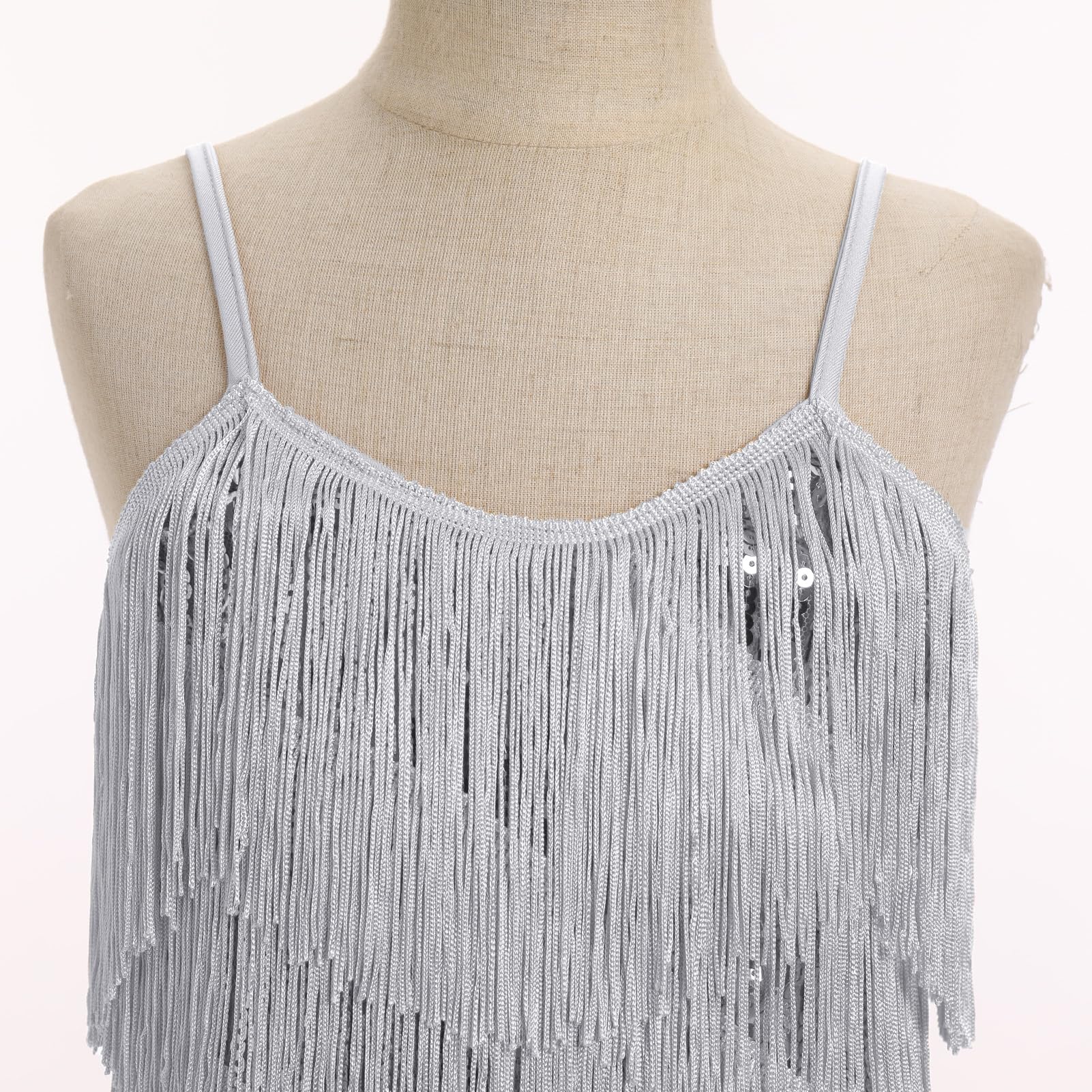 Abito da bambina con nappe latine scintillanti, senza maniche, vintage, con frange, a strati, per feste da ballo, Cha Cha, jazz, tango, balletto, danza anni '20, vestito da performance