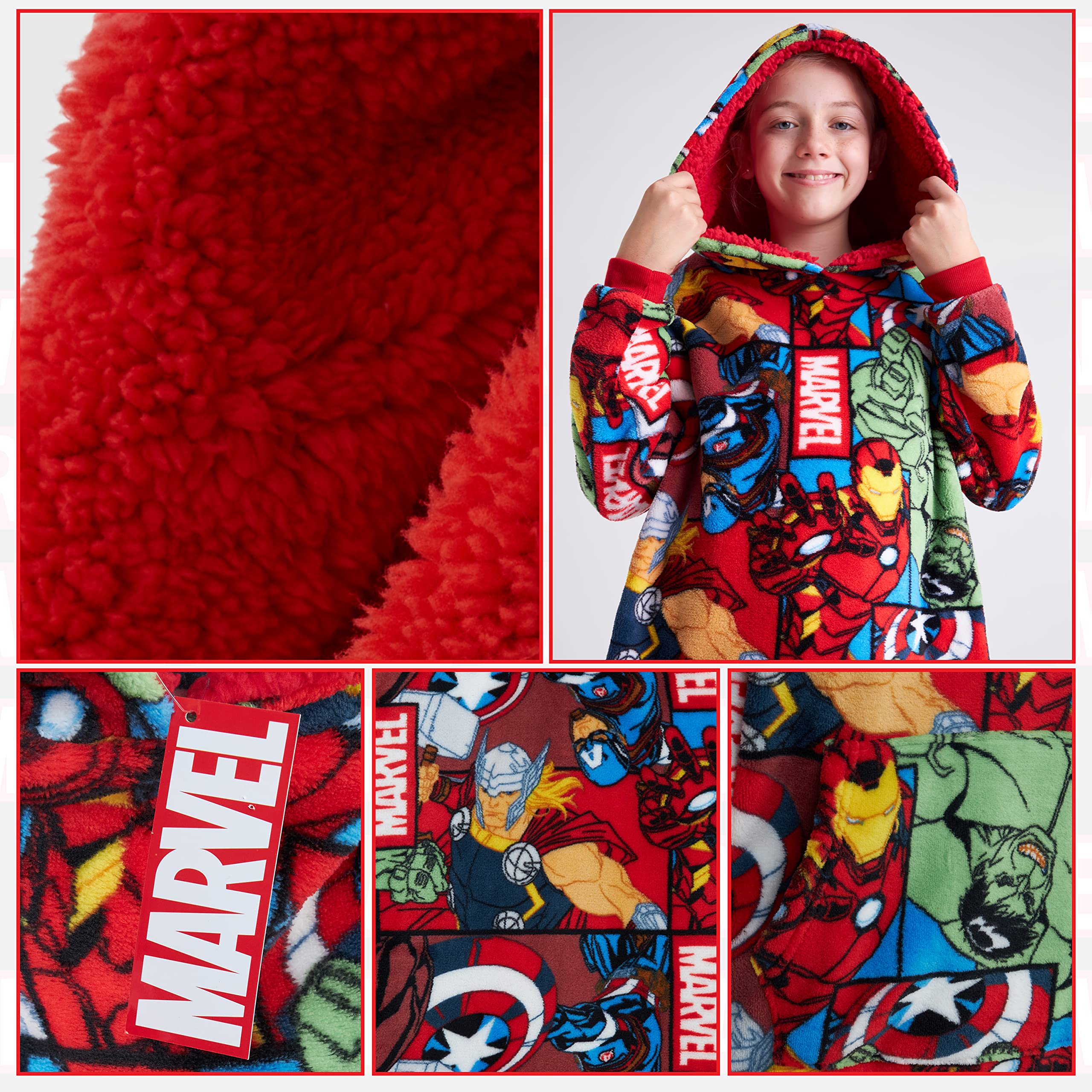 Marvel Oversize Hoodie Decke mit Ärmeln Pullover Jungen Warme Tragbare Kuscheldecke Kapuzenpullover Kinder und Teenager