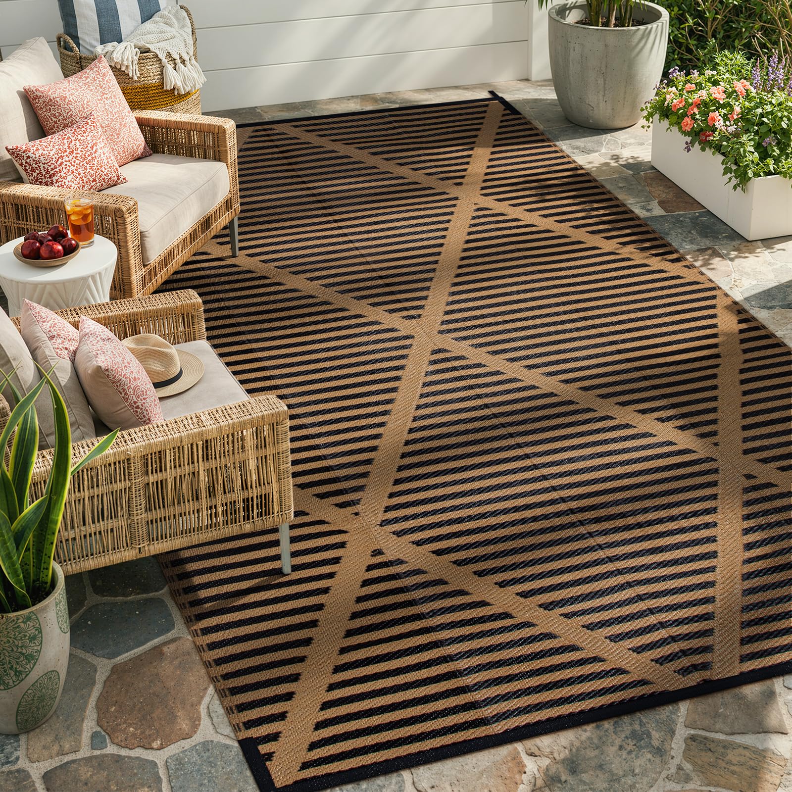 Photo 1 of Wonnitar Outdoor Rug 6x9, Waterproof Reversible Plastic Straw Rug for Patio, Foldable Camping Mat with Carry Bag for RV, UV-Resistant Outside Rug for Deck, Balcony, Beach, Black & Brown