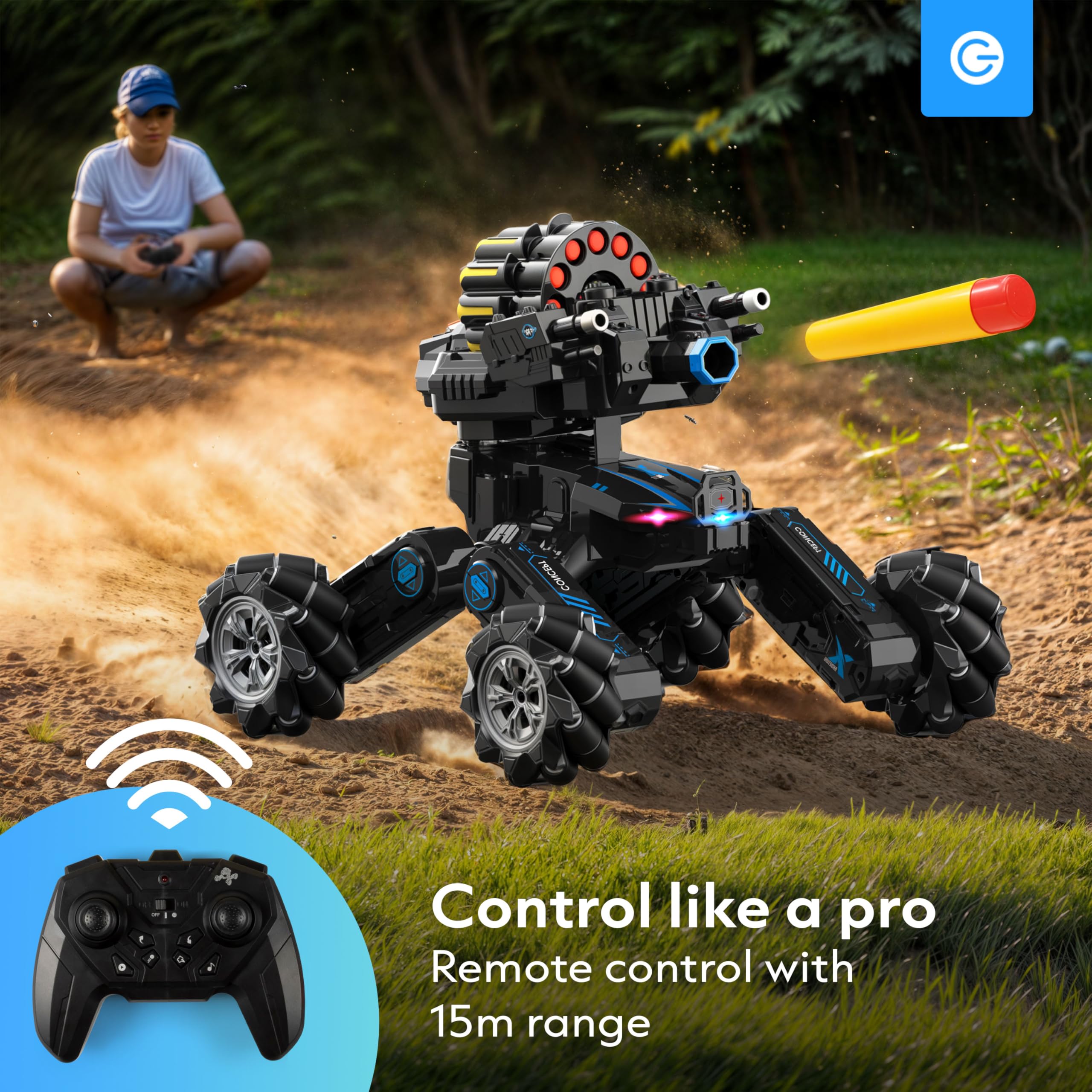 Silvergear® Carro Armato Telecomando + 12 Proiettili | Macchina Telecomandata per Bambini con Rotazione a 360° e Musica | Macchina Radiocomandata per Regali di Natale | Compatibile con Dardi Nerf
