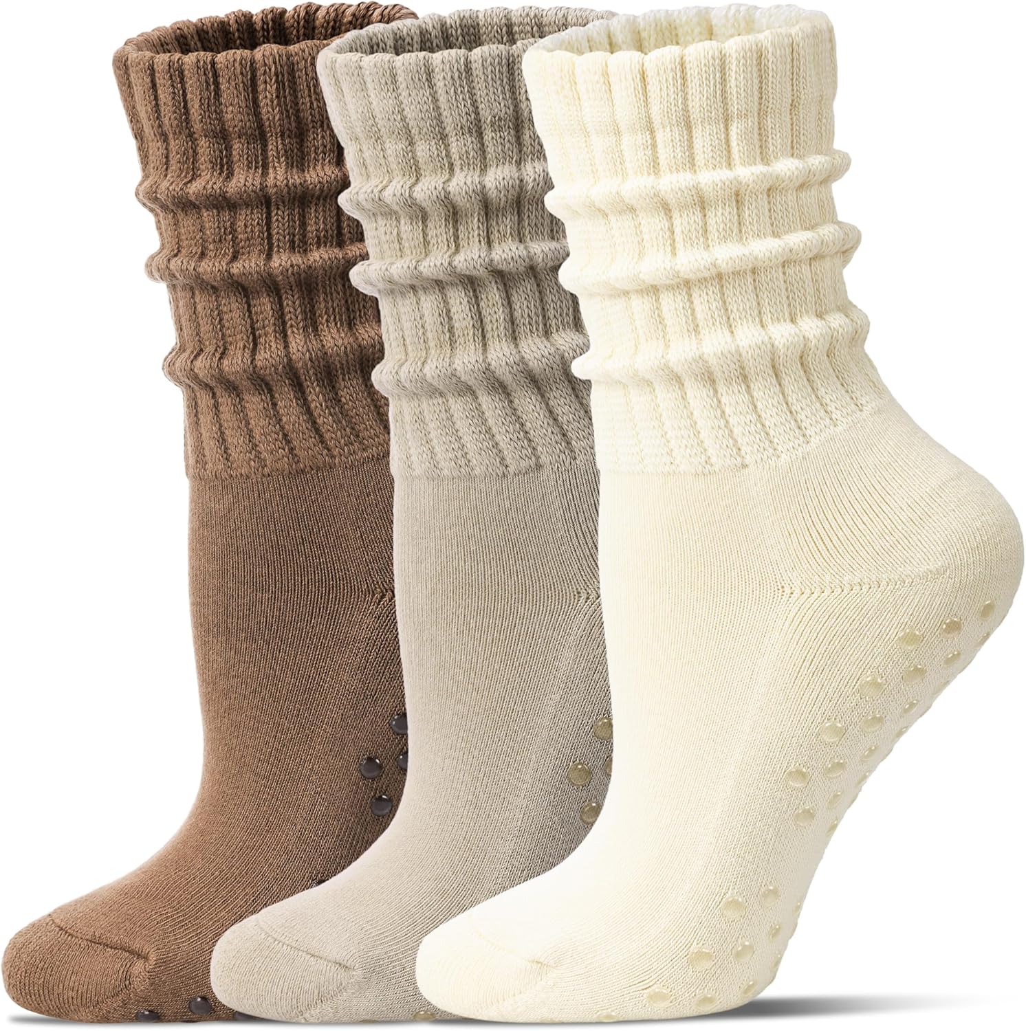 Pilates Socks for Women Mid Calf Slouch Yoga Socks with Non Slip Grippers for Barre Boot Sock 3 Pairs
