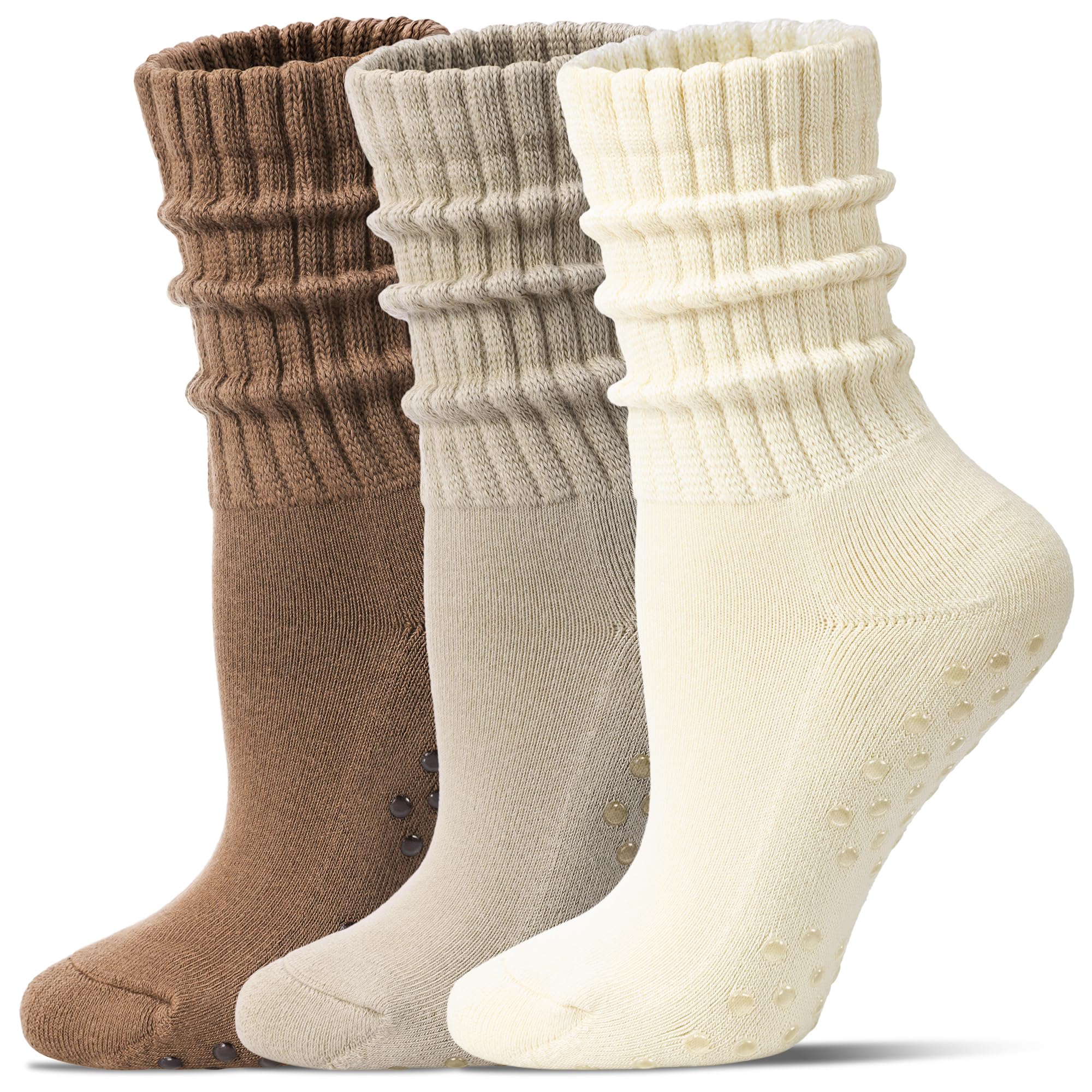 Toetally Pilates Socks for Women Mid Calf Slouch Yoga Socks with Non Slip Grippers for Barre Boot Sock 3 Pairs