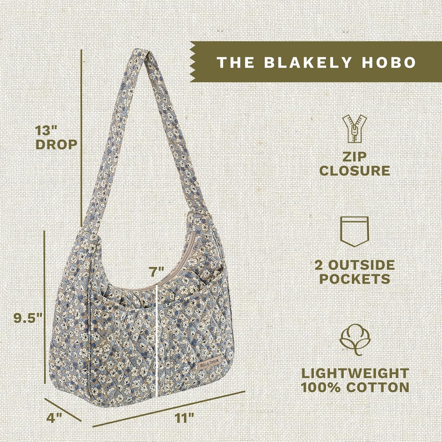 Bella Taylor Blakely - Hobo Shoulder Bag for Women - Lightweight Quilted Fabric Purse with Pockets - Image 3