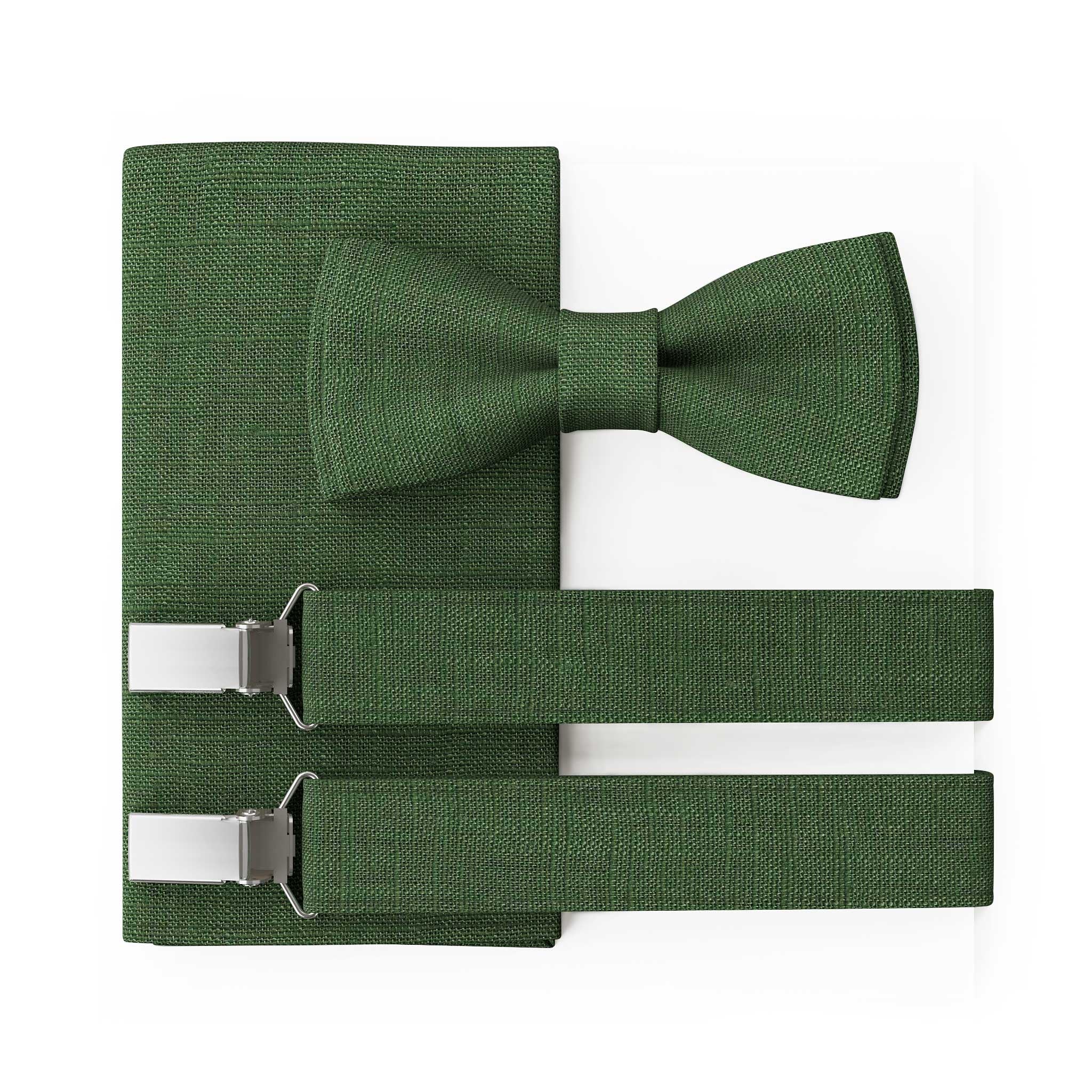 Papillon da Uomo in Lino | Verde Scuro | Papillon da Matrimonio Vegano Pre-annodato | Opzionale con Fazzoletto da Taschino & Bretelle | Large Batwing | Fatto a Mano in Germania
