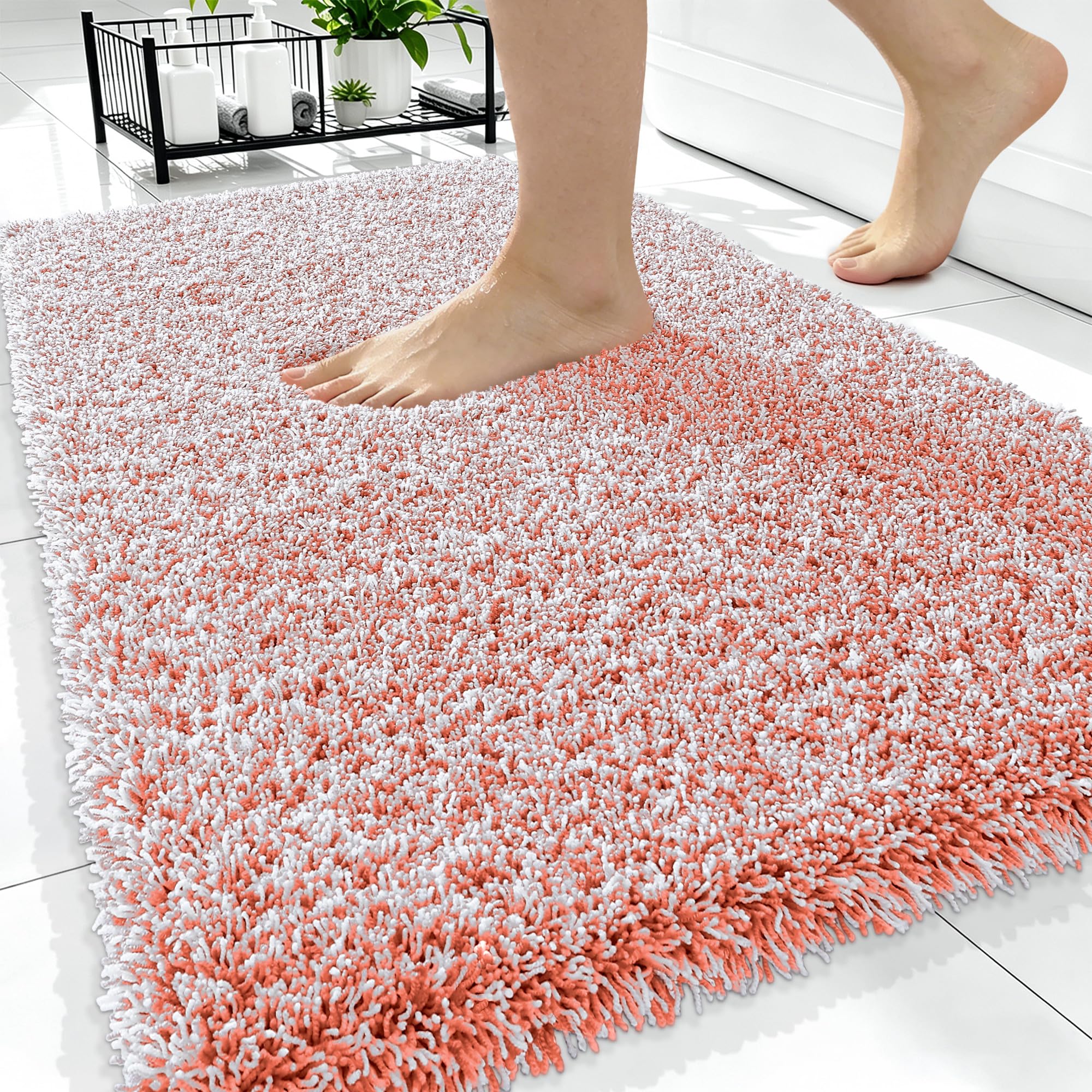OLANLY Microfiber Bathroom Rugs 34x21, Quick Dry Bath Mat, Coral and White