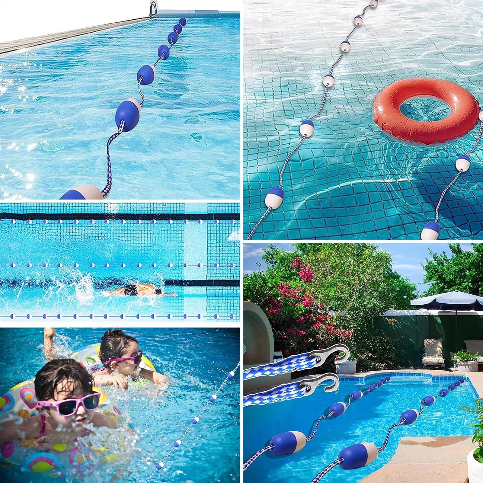 Blue White Floating Pool Safety Rope, Pool Buoy Kit with Pre-Assembled Hooks, Deep Shallow End Pool Divider Rope for Inground Pools/Fairways/Dangerous Area(5.5m (18ft))