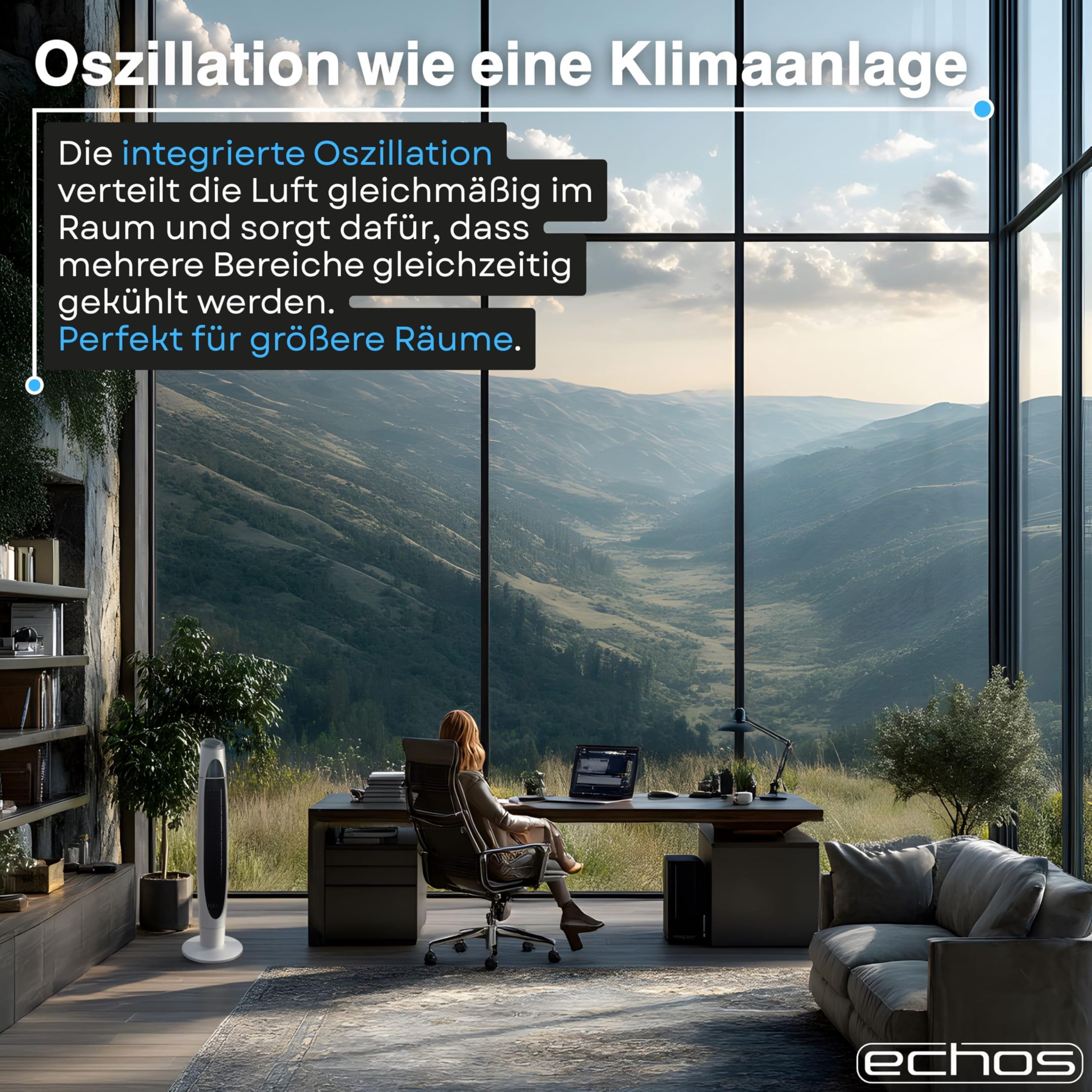 Echos Turmventilator | Ventilator sehr leise | Fernbedienung | Oszillierend | LED-Display | 3 Stufen | Tower Fan | Säulenventilator | Standventilator | Tower-Ventilator | Luftkühler (Schwarz/Weiß)