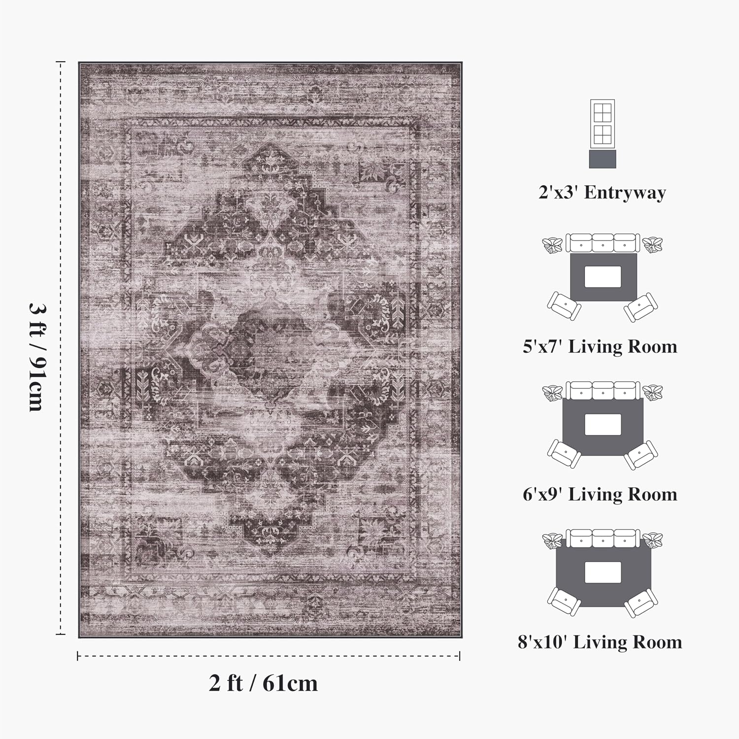 2x3 Washable Vintage Rug Distressed Non-Slip Carpet for Kitchen Entryway Laundry Room Bathroom Soft Indoor Small Rug for Bedroom Hallway, Black