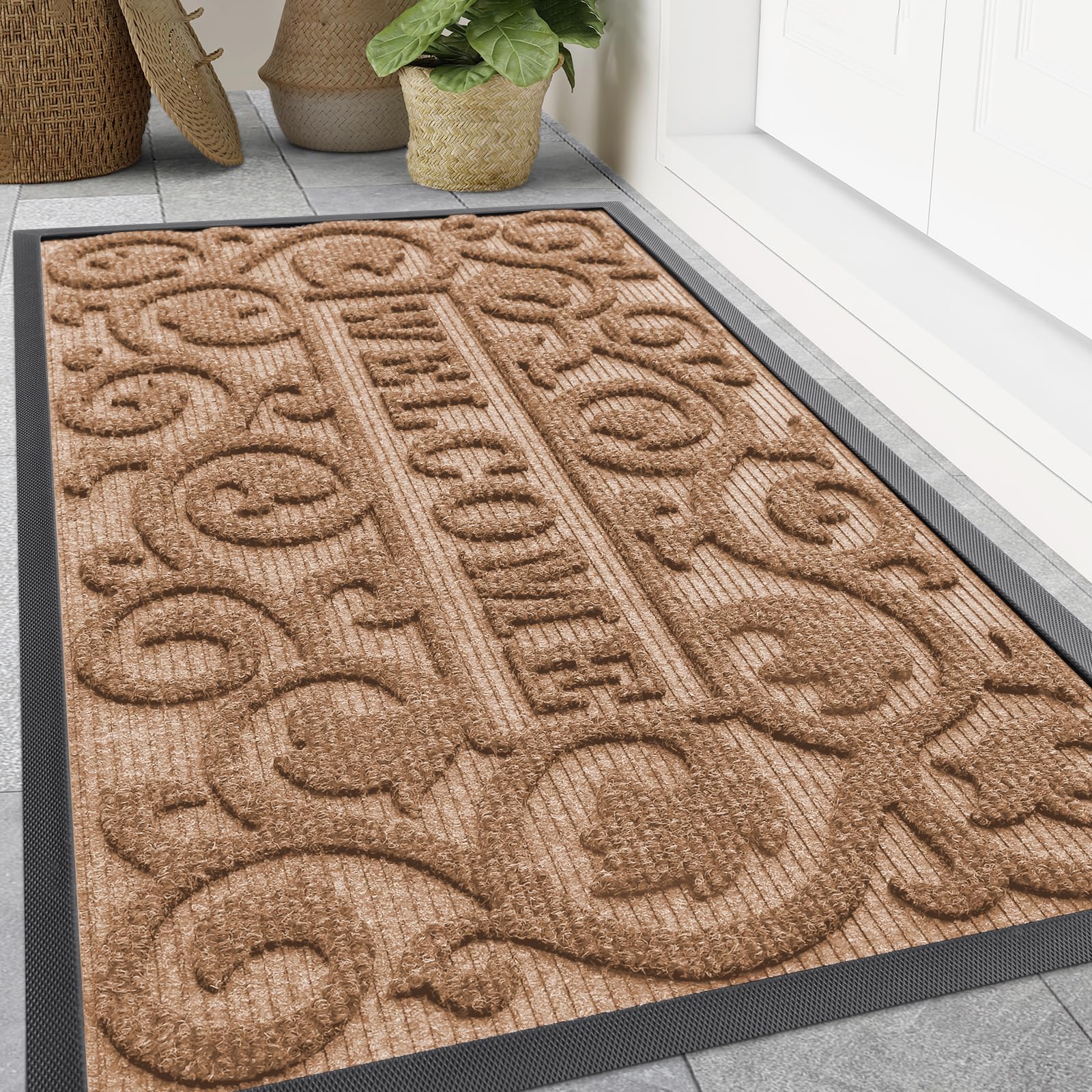 Smiry Front Door Mat Outside Entrance, Low Profile Rubber Doormat, 47x32