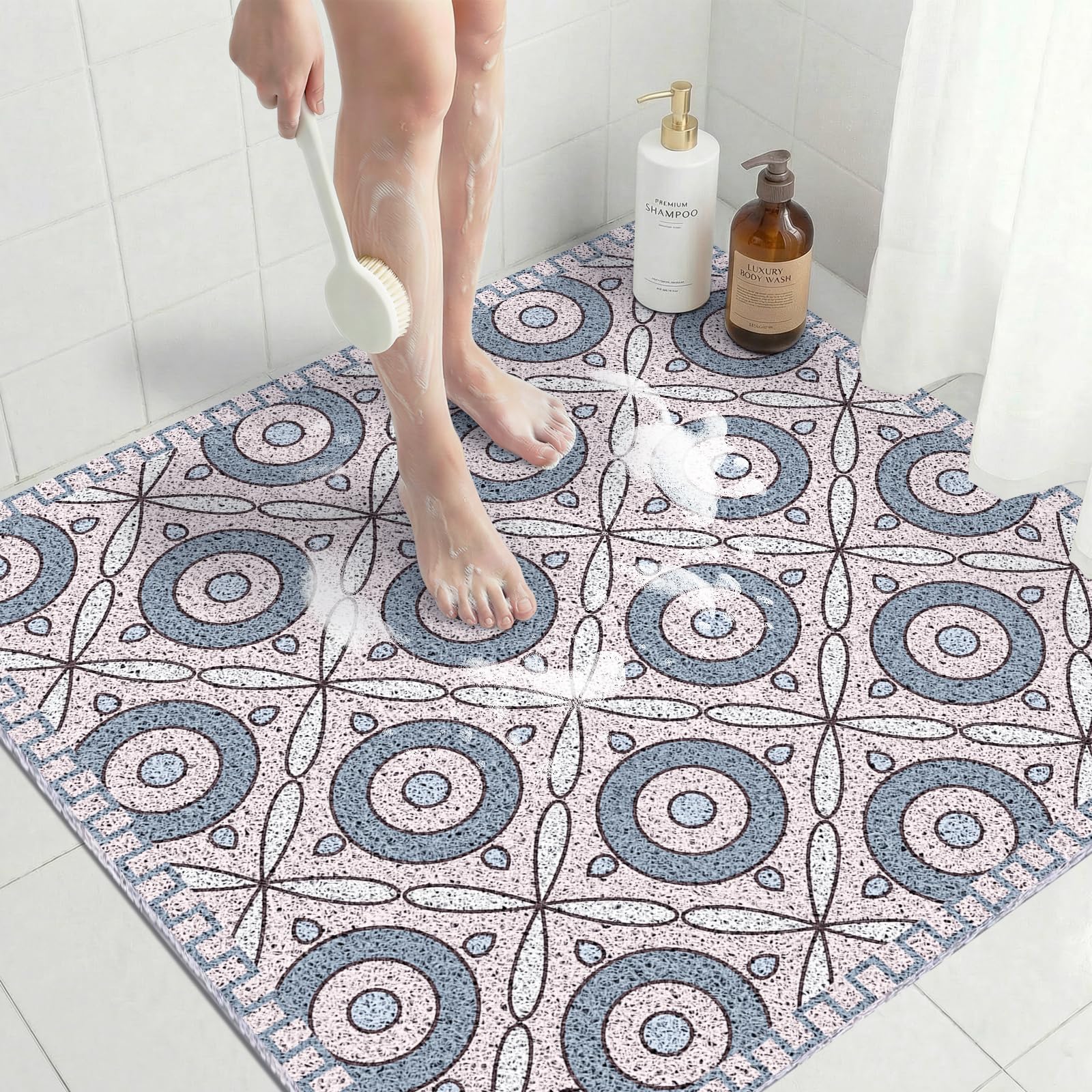 Quick Dry Large Square Shower Mat Non Slip 80x80 CM, Anti Mould PVC Loofah Bath Mat for Bathroom Floor & Wet Room, Soft Textured Mats for Elderly Safety, Bath Mats for Bathroom, Pink Circles