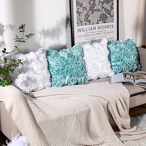 Miniatura 4 de Mixweer 4 fundas de almohada decorativas 3D con diseño de rosas, románticas, estéreo, sólidas, fundas de cojín cuadradas de tela bordadas para sofá,