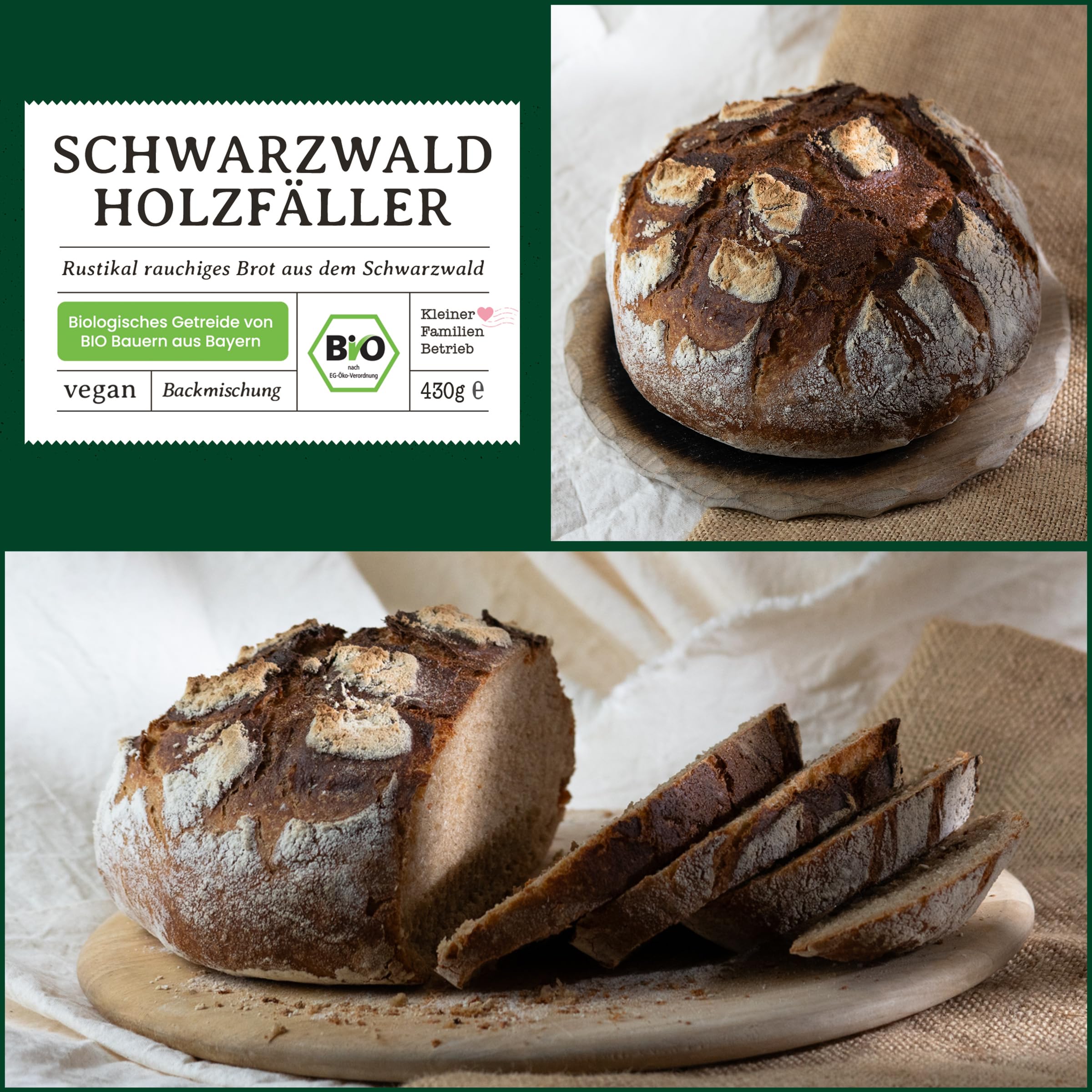 Bio Brotbackmischung Schwarzwald Holzfällerbrot - mit Dinkel, Roggen & Ruchmehl- rustikales Brot mit Holzofen-Aroma - für Brotbackautomat & Ofen - Bake with Love - 10er Pack
