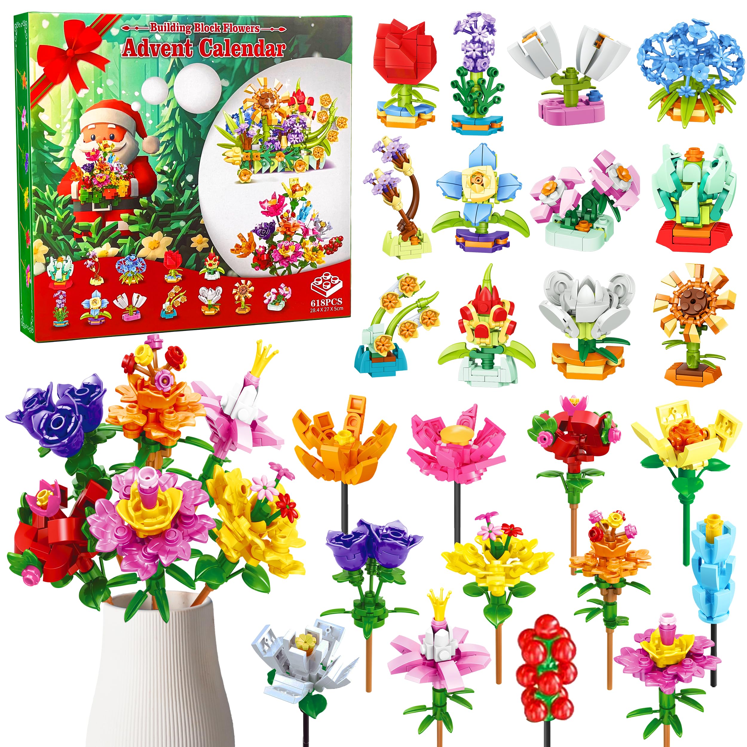 LINAYE Blumen Adventskalender 2025 für Mädchen – Weihnachtskalender mit 24 Blumen Bausteinen für Mädchen und Frauen, Weihnachts Countdown Kalender Flowers Advent Calendar Geschenk für Kinder