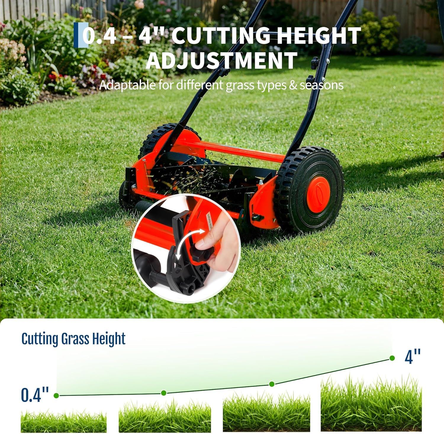 14" 5-Blade Push Reel Lawn Mower, Manual Push Mower with Adjustable Cutting Height, Compact Lawnmower for Small to Medium Yard and Field, Lightweight Hand Reel Push Mower, Red