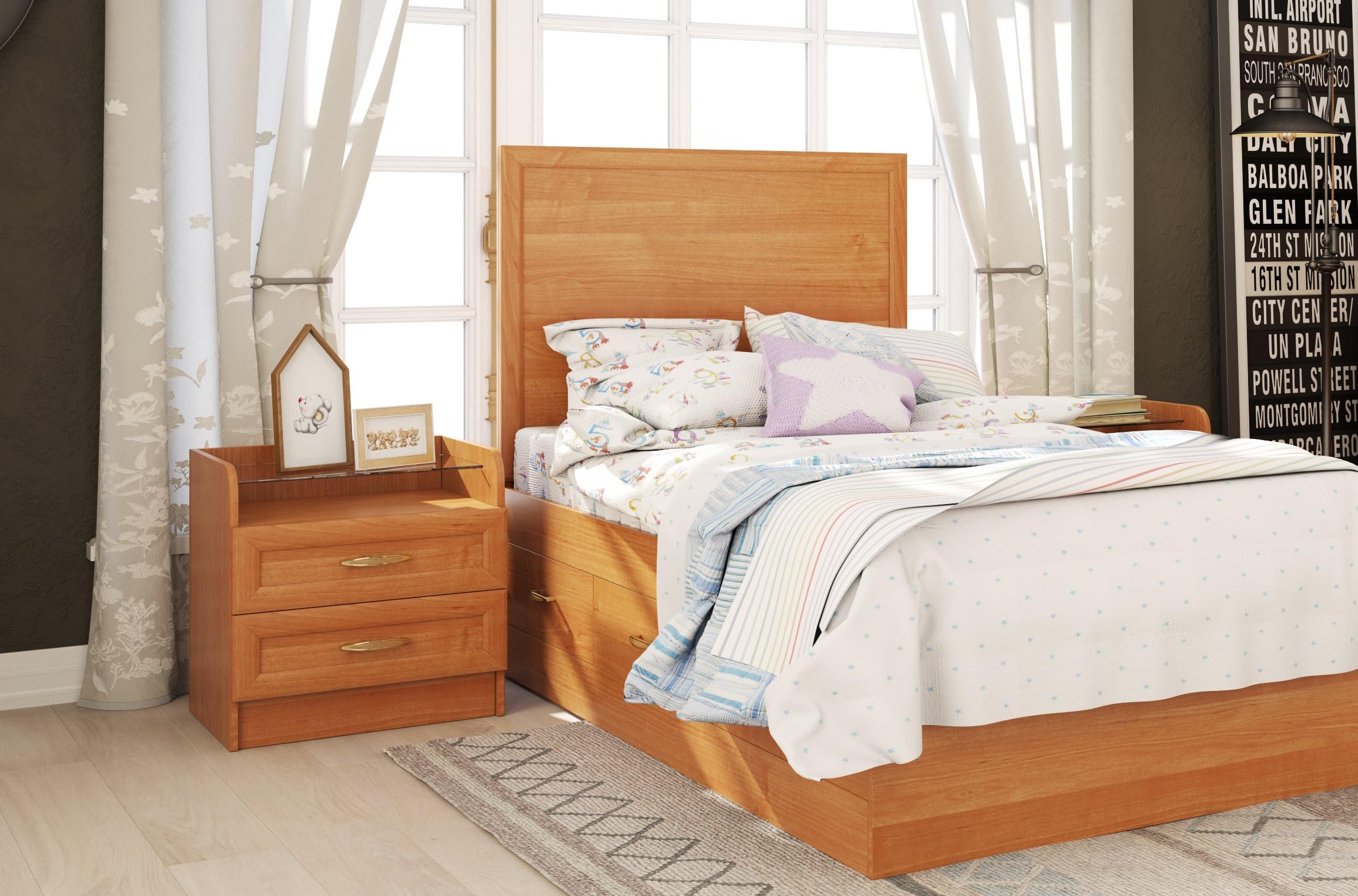 2 Piece Twin Size Platform Storage Bed Set GEORGIA Kids/Teens Bedroom Furniture Collection (Honey Oak)