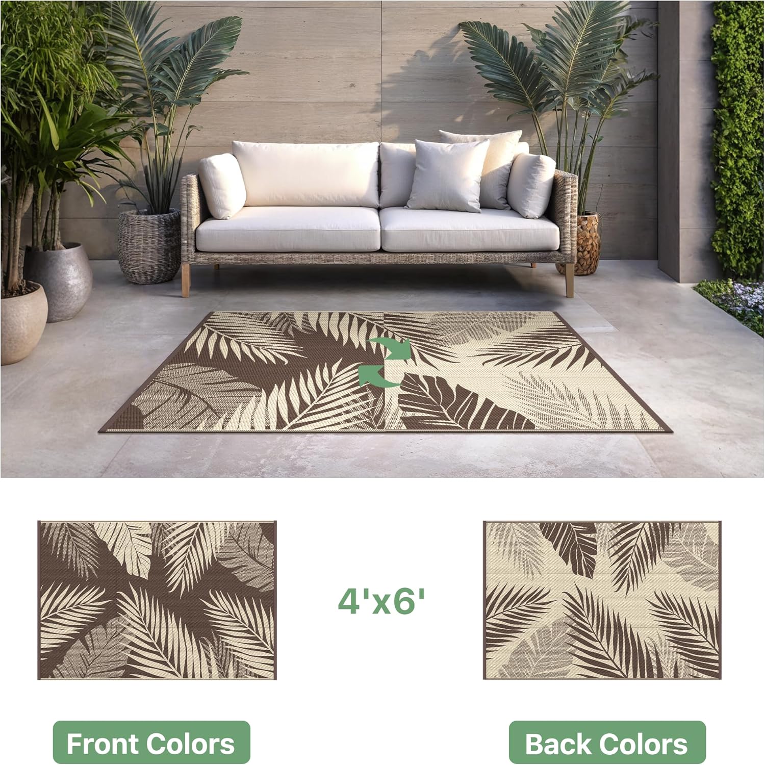 sarben Outdoor Rug 4' x 6' Waterproof for Patios Clearance, Reversible Plastic Straw Indoor Outdoor Rug for RV, Picnic, Backyard, Deck, Balcony, Porch, Beach, Coffe and Beige