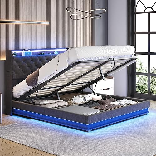 Miniatura 3 de Cama Queen con almacenamiento abatible, cama de plataforma tapizada con cabecero acolchado con botones y almacenamiento, estructura de cama tamaño
