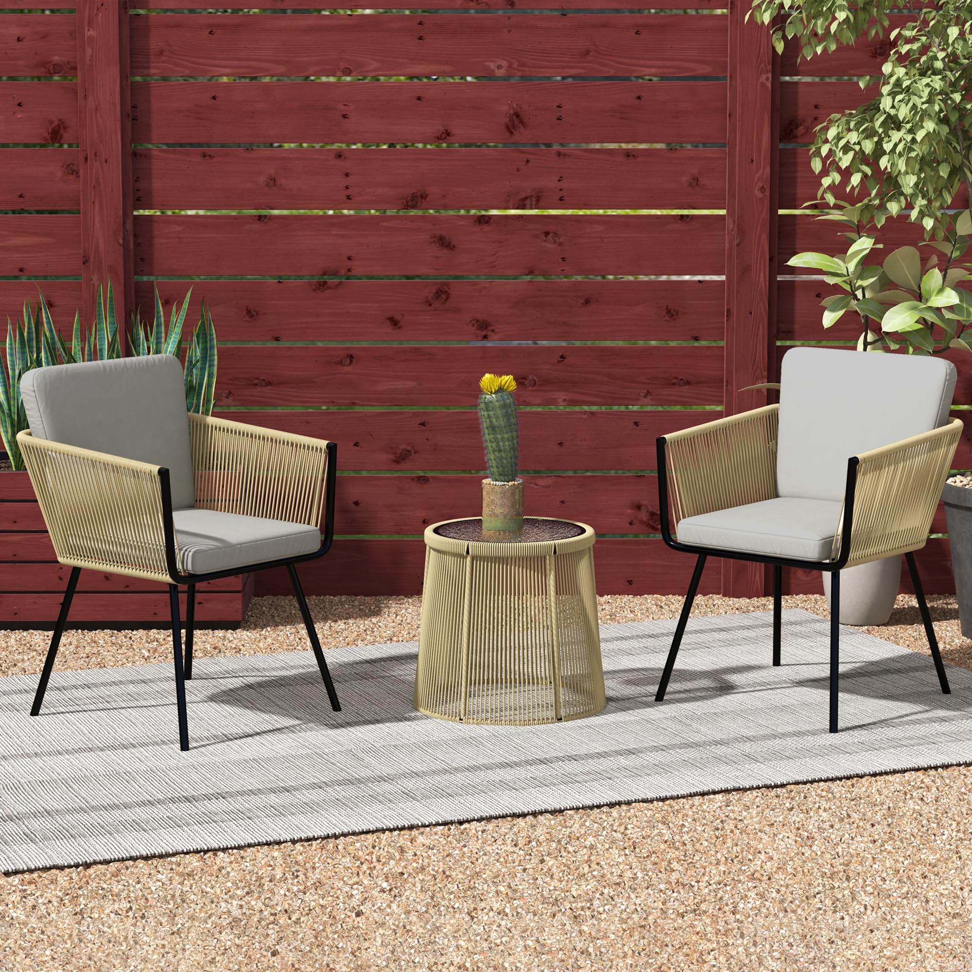 Outsunny Set da Giardino 3 Pezzi in Rattan PE e Acciaio, Set 2 Sedie con Cuscini Lavabili, Braccioli, Tavolino da Caffè con Piano in Vetro, Set di Mobili da Balcone Patio Cortile, Caffè/Grigio Chiaro