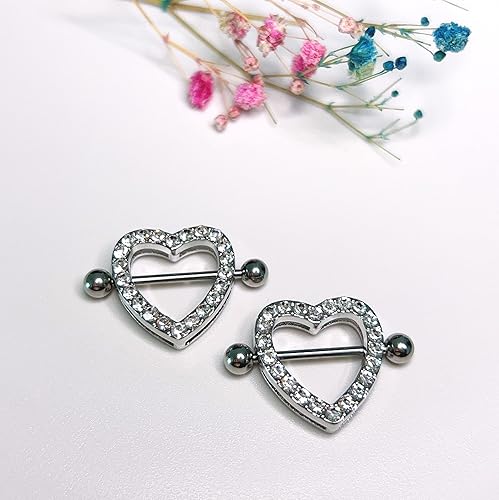 Miniatura 5 de IrbingNii Anillos de pezón de corazón de acero inoxidable 316L piercing de pezón barra de 14G joyería de piercing de pezón de dos capas para mujeres