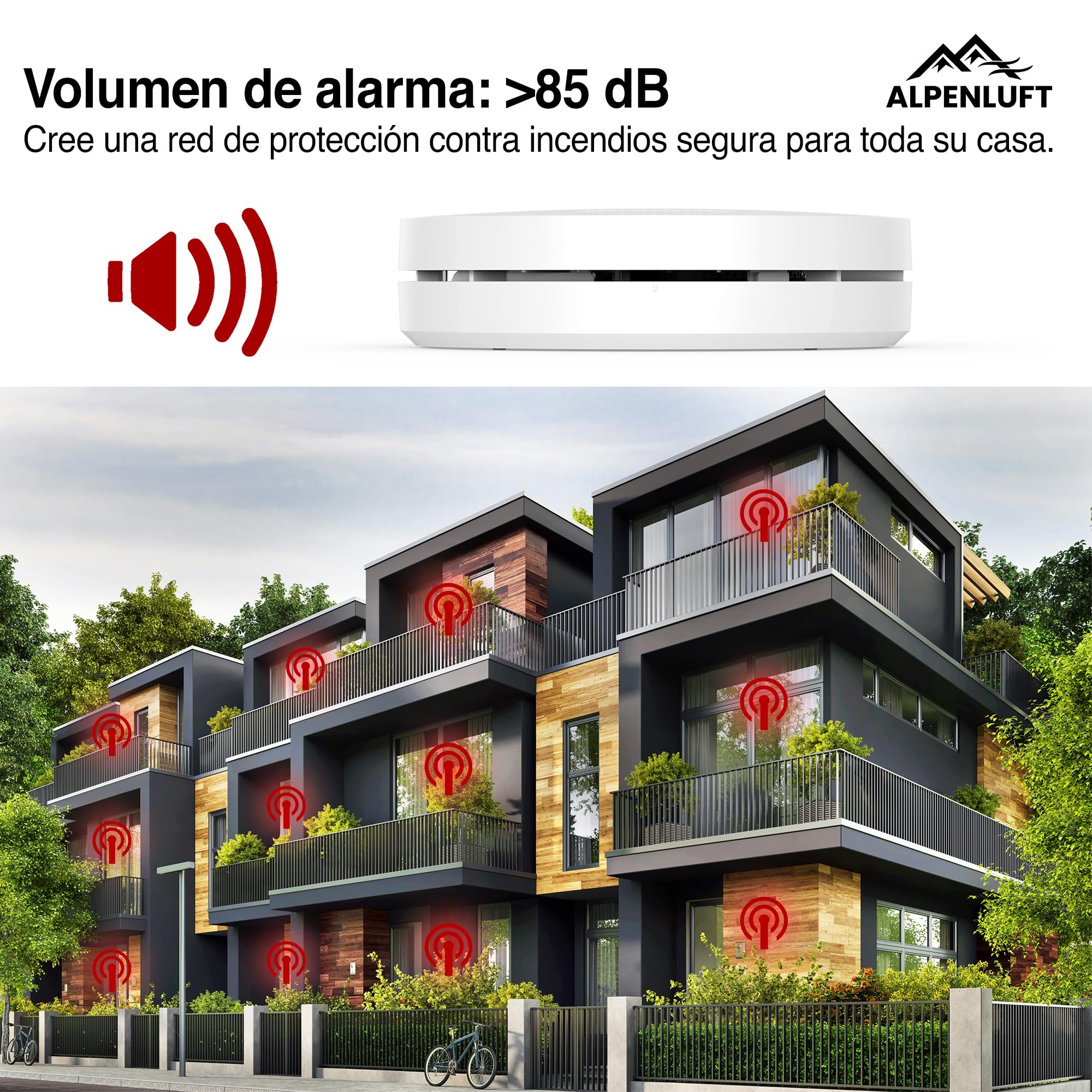 ALPENLUFT Detector de Humo 10 años de batería, Detector de Incendios, Smoke Detector, Sin perforación, Sin LED Intermitente, para hogar (Set con 1)