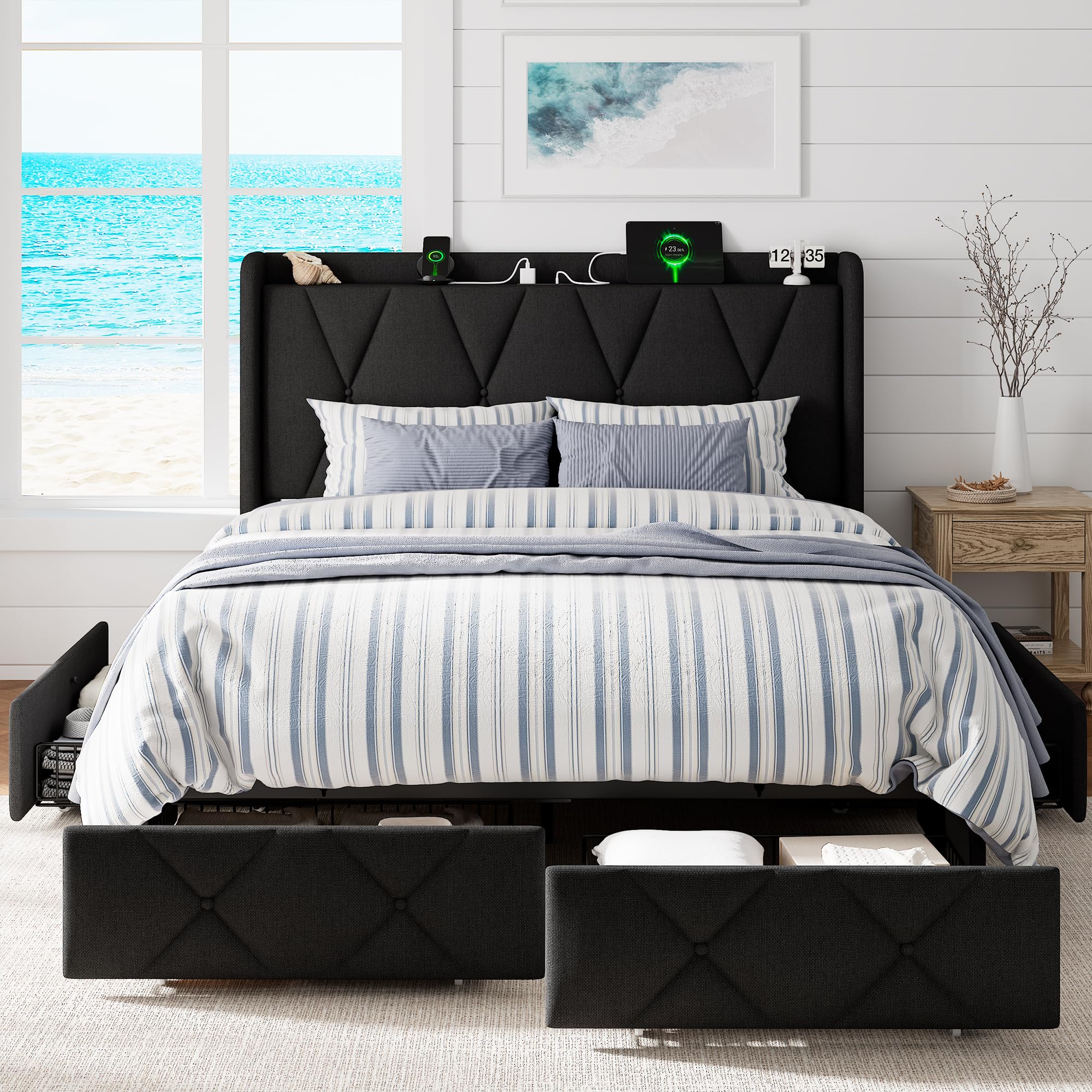 Photo 1 of ***PARTIAL SET*** ***ONLY BOX 1 OF 2*** ***STOCK PHOTO IS A SIMILAR ITEM*** GalnFu Queen Bed Frame with 4 Storage Drawers, Upholstered Platform Bed with Charging Station, Modern Wingback Storage Headboard, Easy Assembly,Noise-Free, Black