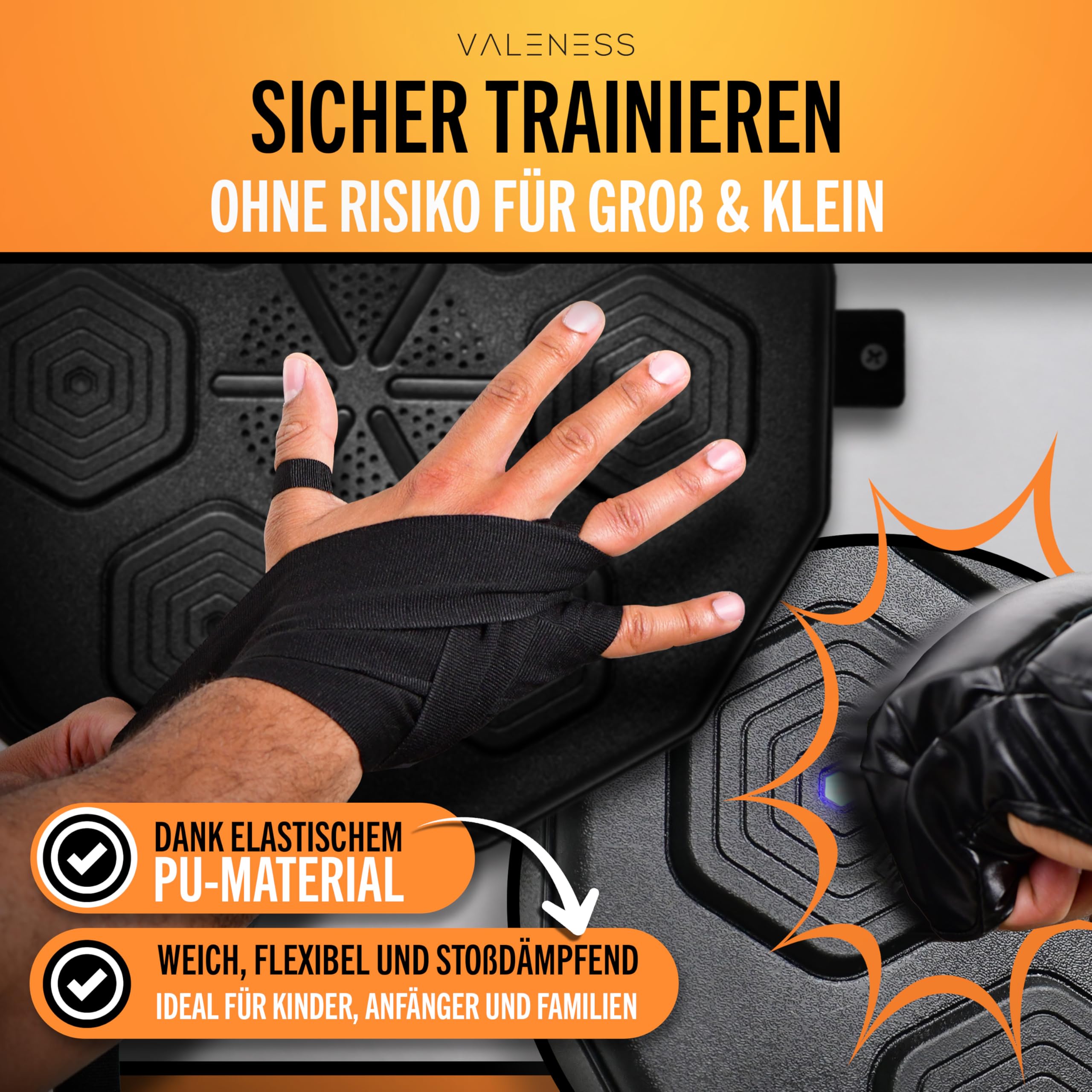 VALENESS® Musik Box Maschine – Smarte Boxing Machine mit Musik & LED – Boxmaschine mit Bluetooth, Zählfunktion & Boxhandschuhen – Wandgerät für Erwachsene & Kinder – Musik Power Boxing