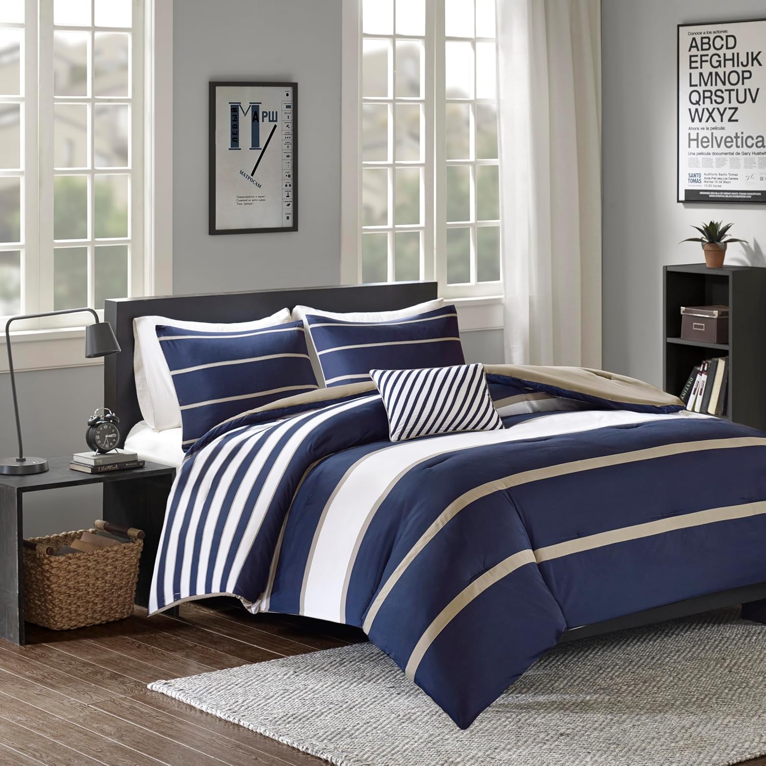Comfort Spaces Casual Comforter Set Sporty Design, Vibrant Color, Active Lifestyle Boys Bedroom Décor, All Season Soft Microfiber Bedding Set, Decorative Pillow, Sham Blue/White Queen 4 Piece