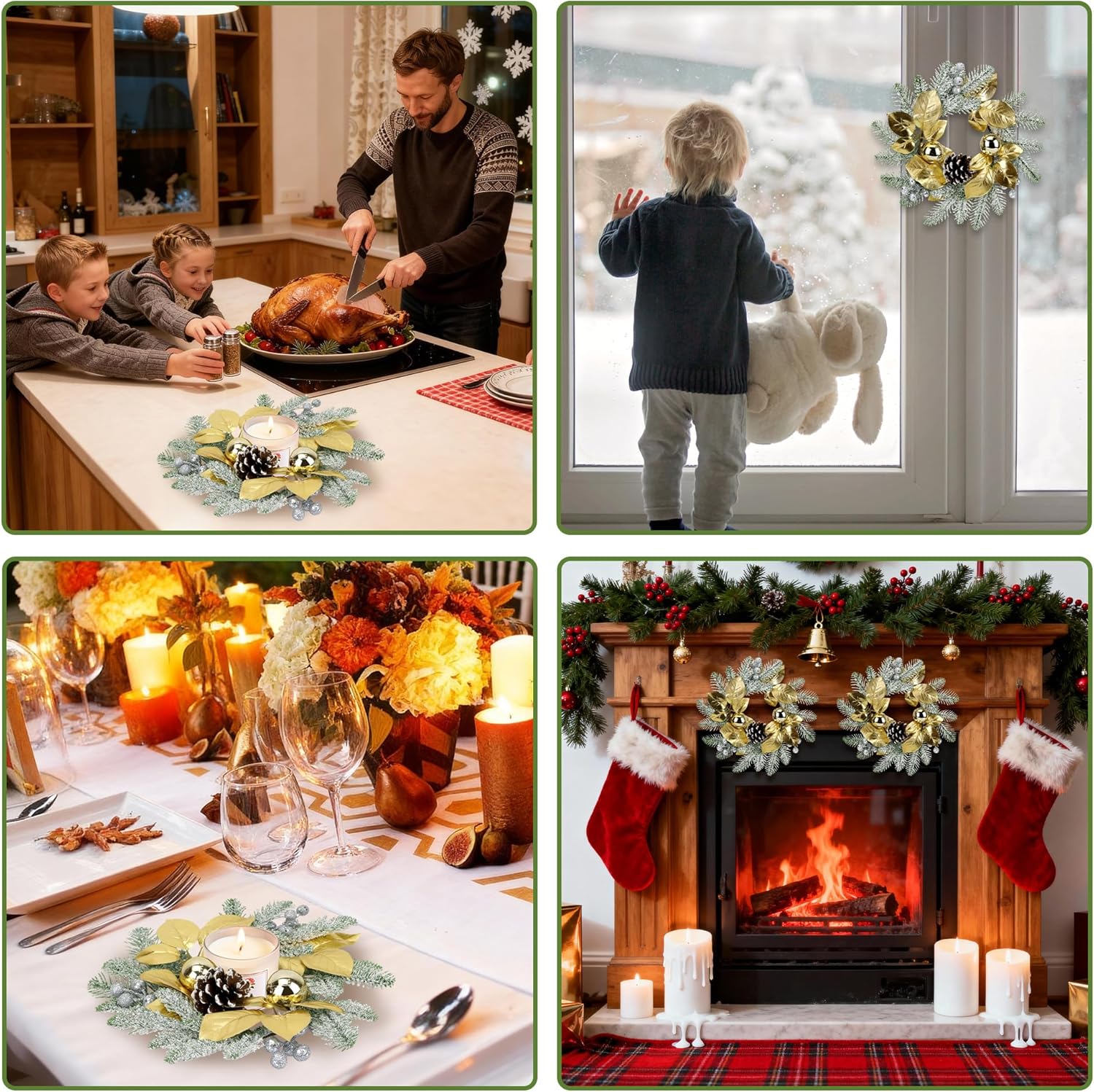 Christmas Candle Rings Wreath,8in Small Wreaths for Kitchen Cabinet with Balls,Pine Cones,Pine Needles and Berries for Home Christmas Table Centerpiece Decorations (6, Gold)