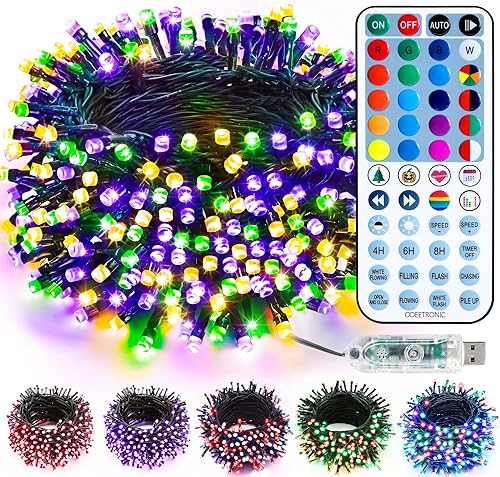 ODEETRONIC Guirnalda de luces USB de Navidad, 33 pies, 100 luces LED Mardi Gras que cambian de color con control remoto, luz de hadas multicolor