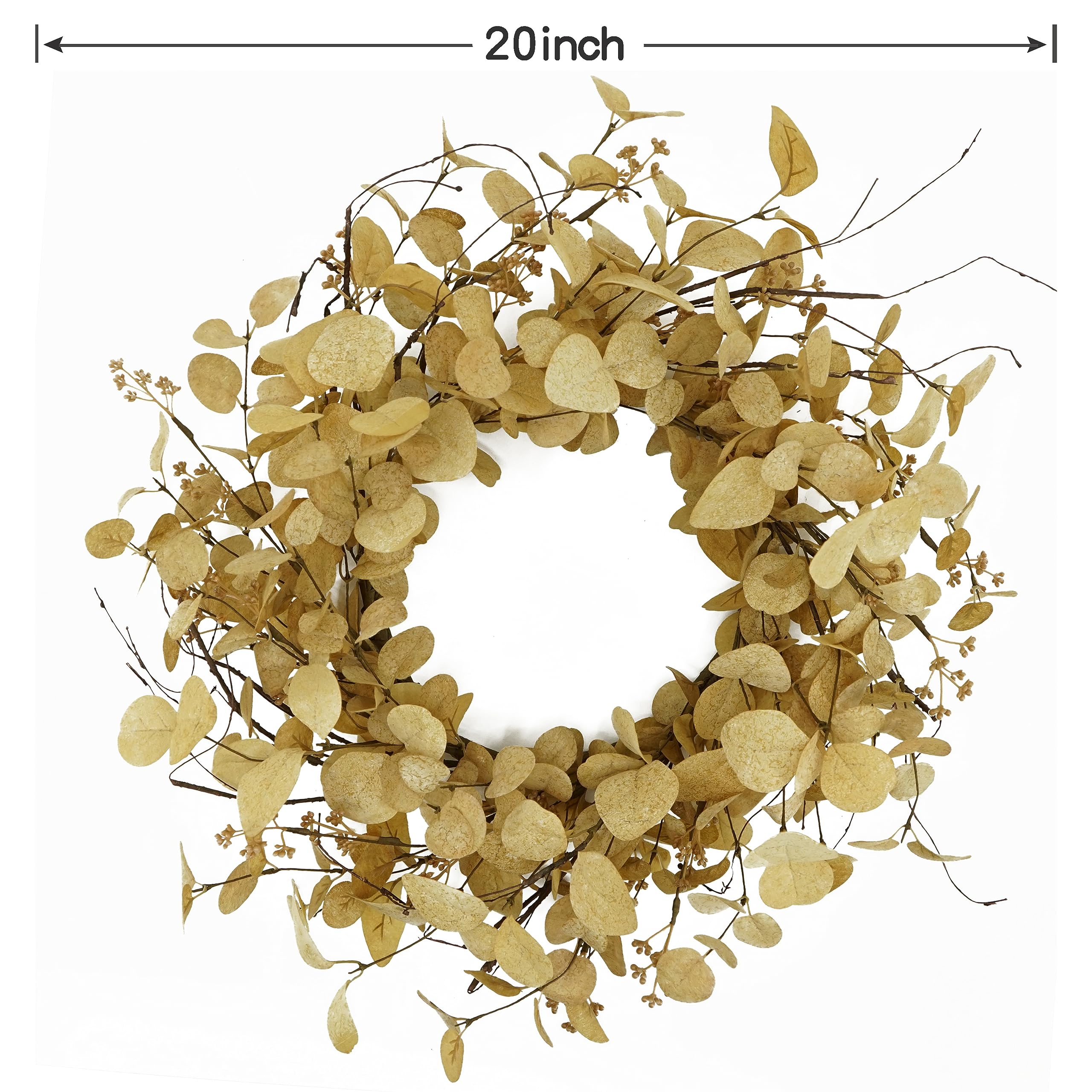 20 inch Artificial Fall Eucalyptus Wreath for Front Door with Beige Eucalyptus Leaves,Dry Vine Branches,Seed Branches for Front Door Indoor Outdoor Farmhouse Home Wall Window Festival Decor