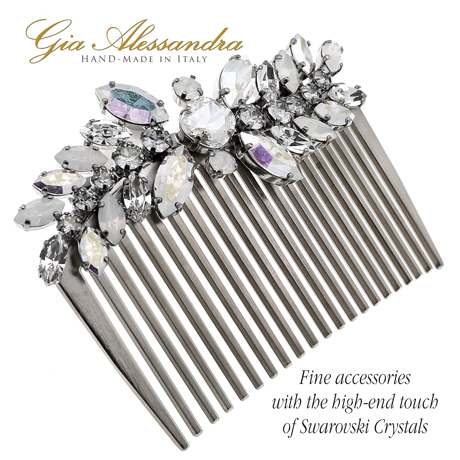 GA264 Wedding Bridal Hair Side Comb 3 Inch, Silver with Sparkling Crystal Stones, Hair Accessories for Women, Ornaments for Bride & Bridesmaids Styling, Handmade in Italy