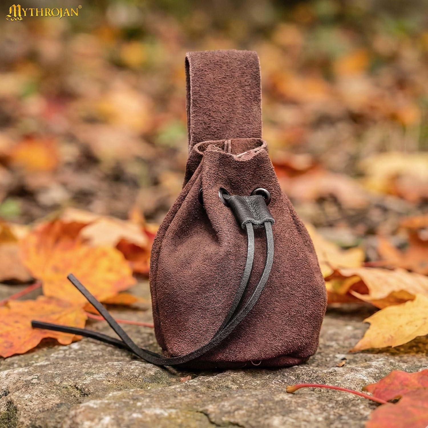 Mythrojan Drawstring Belt Pouch Medieval Suede Purse Renaissance Bag LARP Coin Pouch Cosplay Costume Accessories for Medieval Events, Reenactments, Renfair - Chocolate Brown, 5" x 6" - Image 4