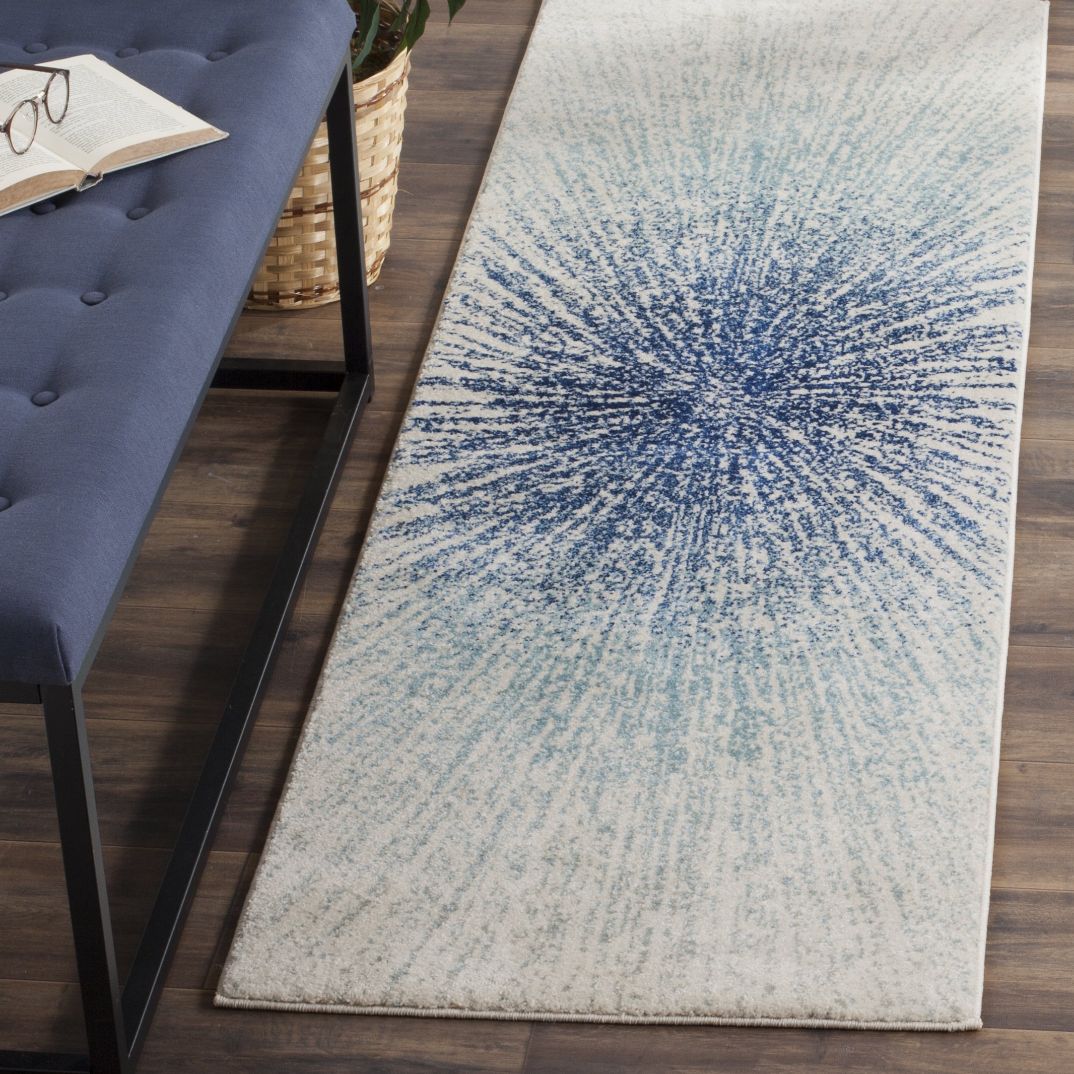 SAFAVIEH Evoke Collection 2'2" x 11' Royal / Ivory EVK228A Abstract Burst Non-Shedding Living Room Bedroom Runner Rug